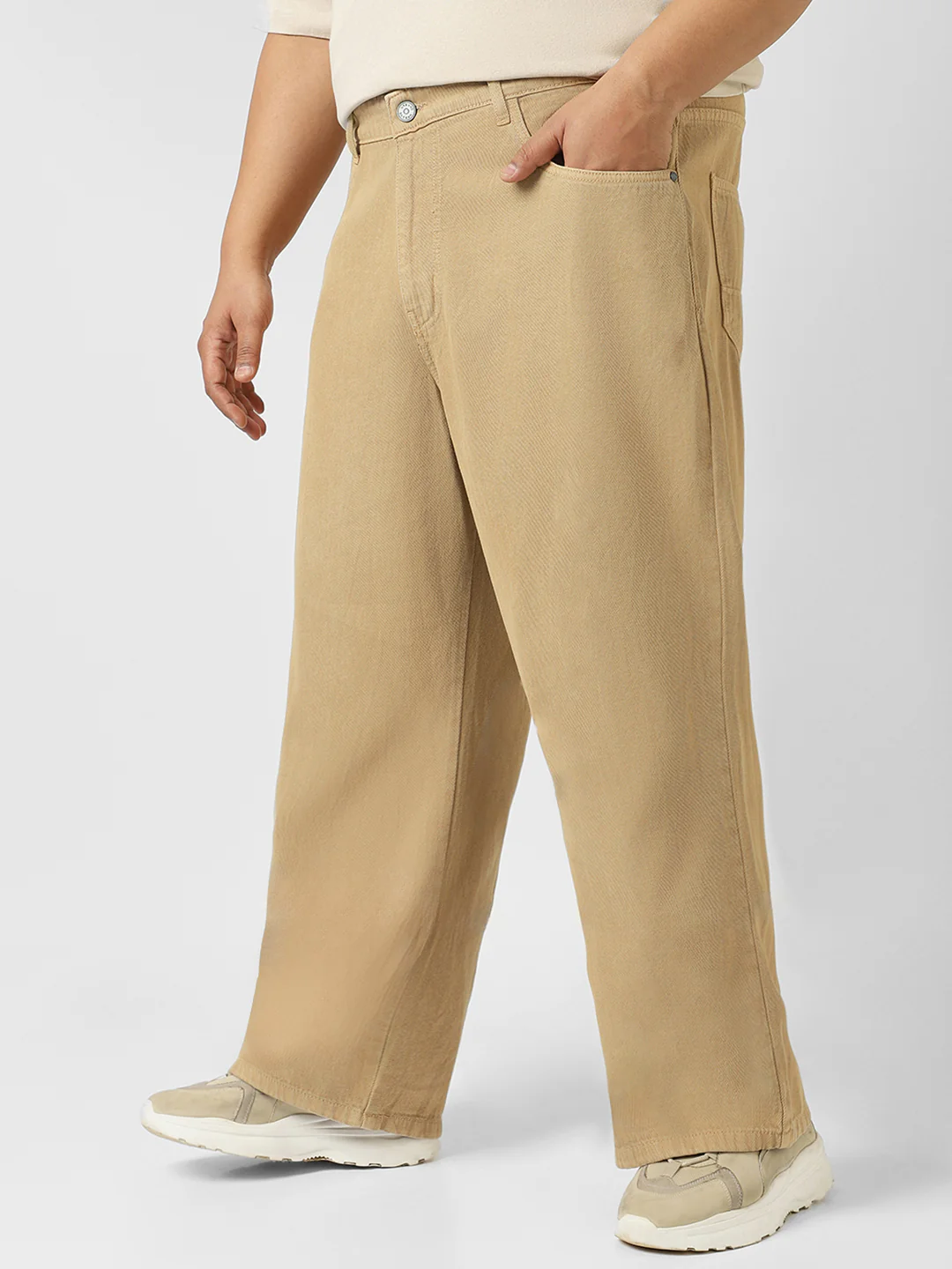 Plus Men's Beige Loose Baggy Fit Washed Jeans Non-Stretchable - Image 2
