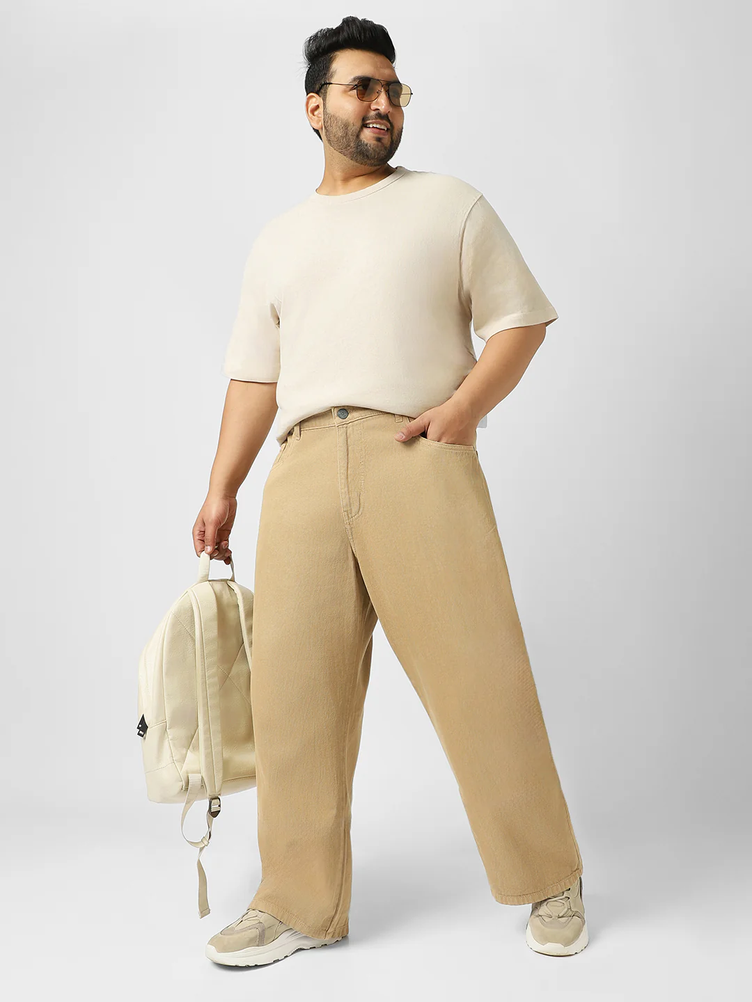 Plus Men's Beige Loose Baggy Fit Washed Jeans Non-Stretchable - Image 4