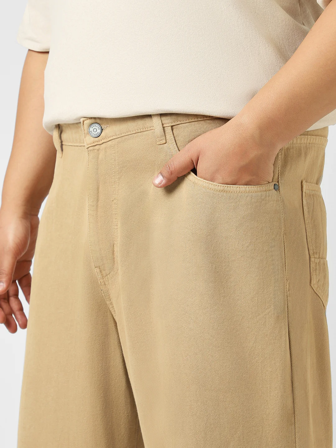 Plus Men's Beige Loose Baggy Fit Washed Jeans Non-Stretchable - Image 5