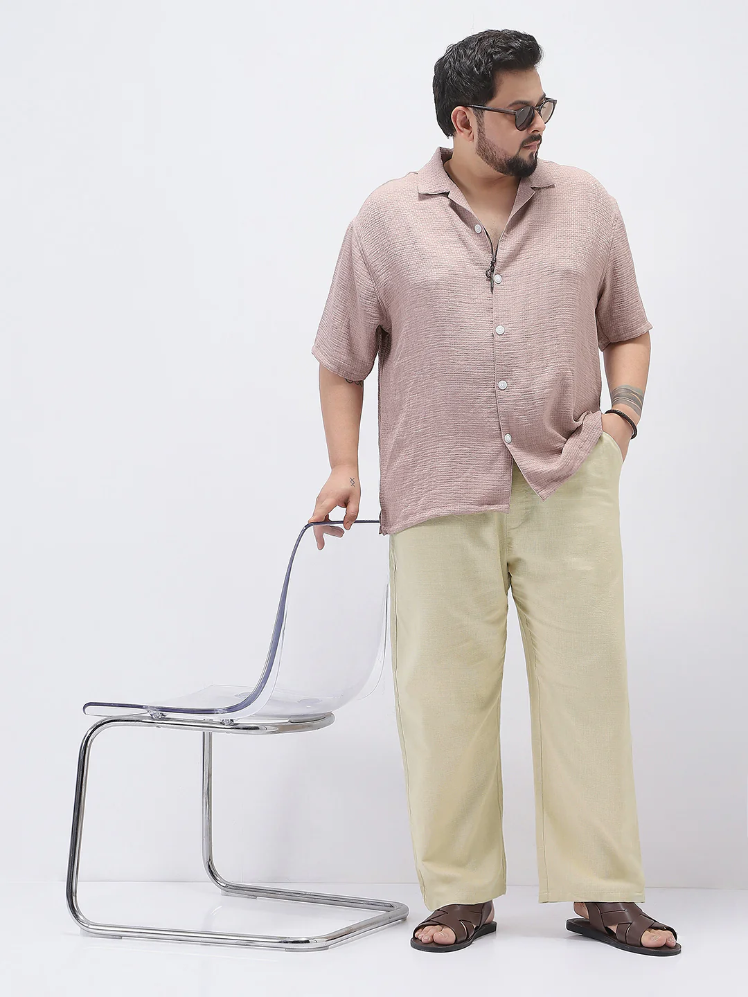 Plus Men's Beige Loose Fit Solid Linen Blend Trousers Non-Stretchable - Image 4