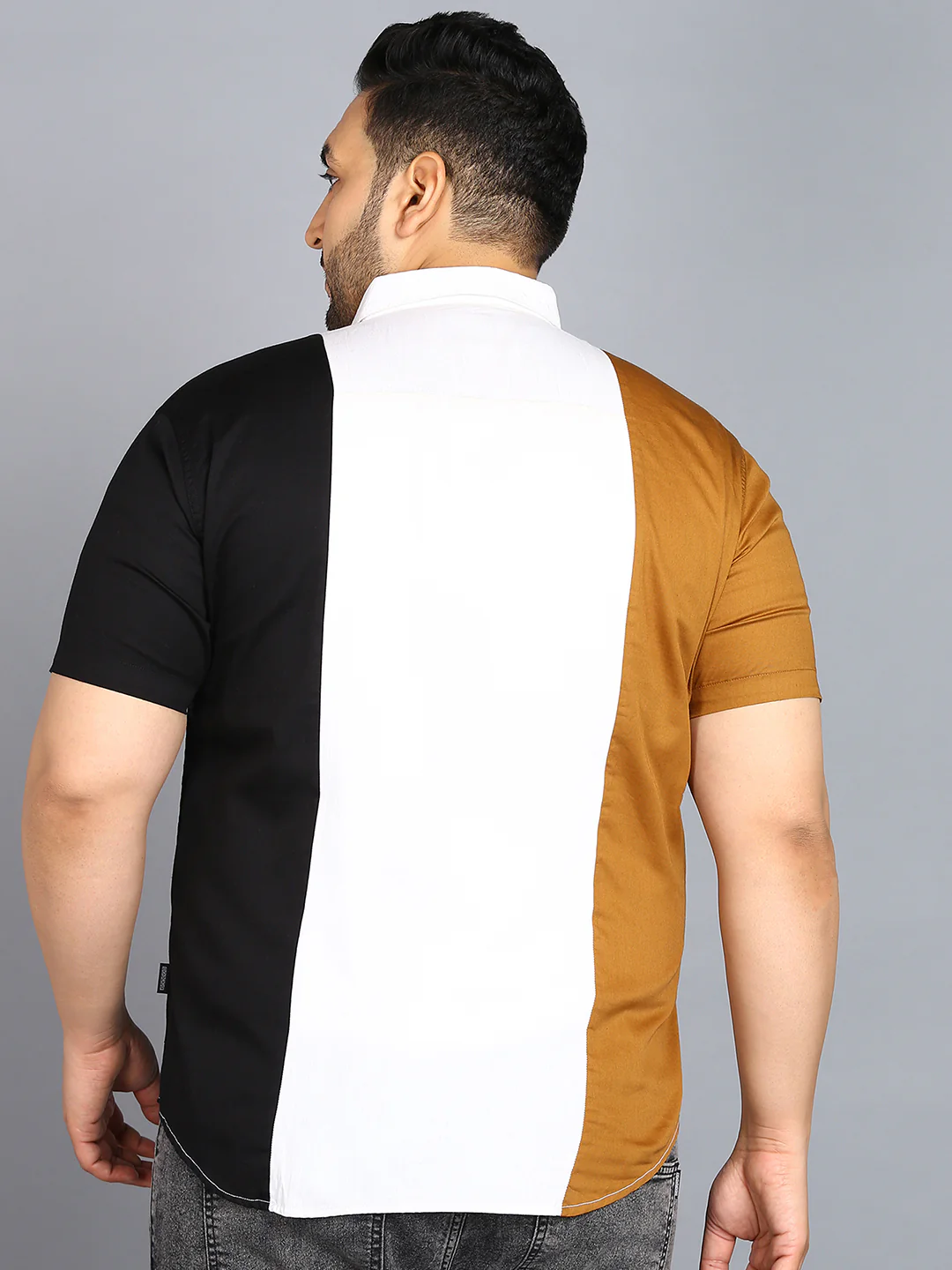 Plus Men's Beige, Off White, Black Cotton Half Sleeve Regular Fit Casual Colorblock Shirt - Image 3