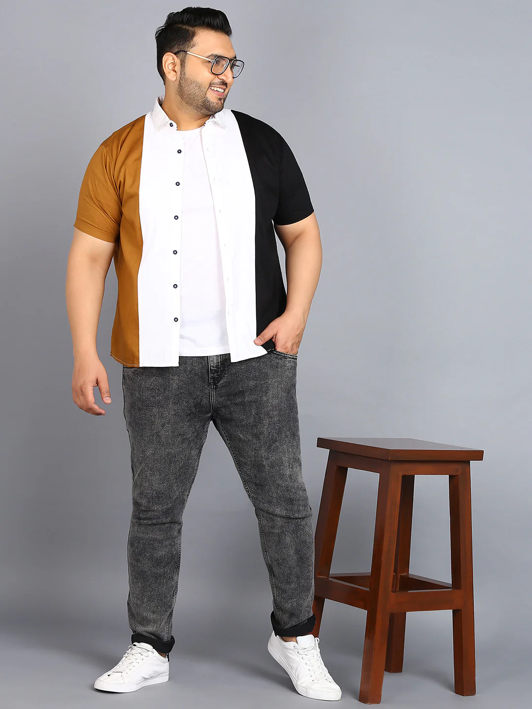 Plus Men's Beige, Off White, Black Cotton Half Sleeve Regular Fit Casual Colorblock Shirt - Image 4