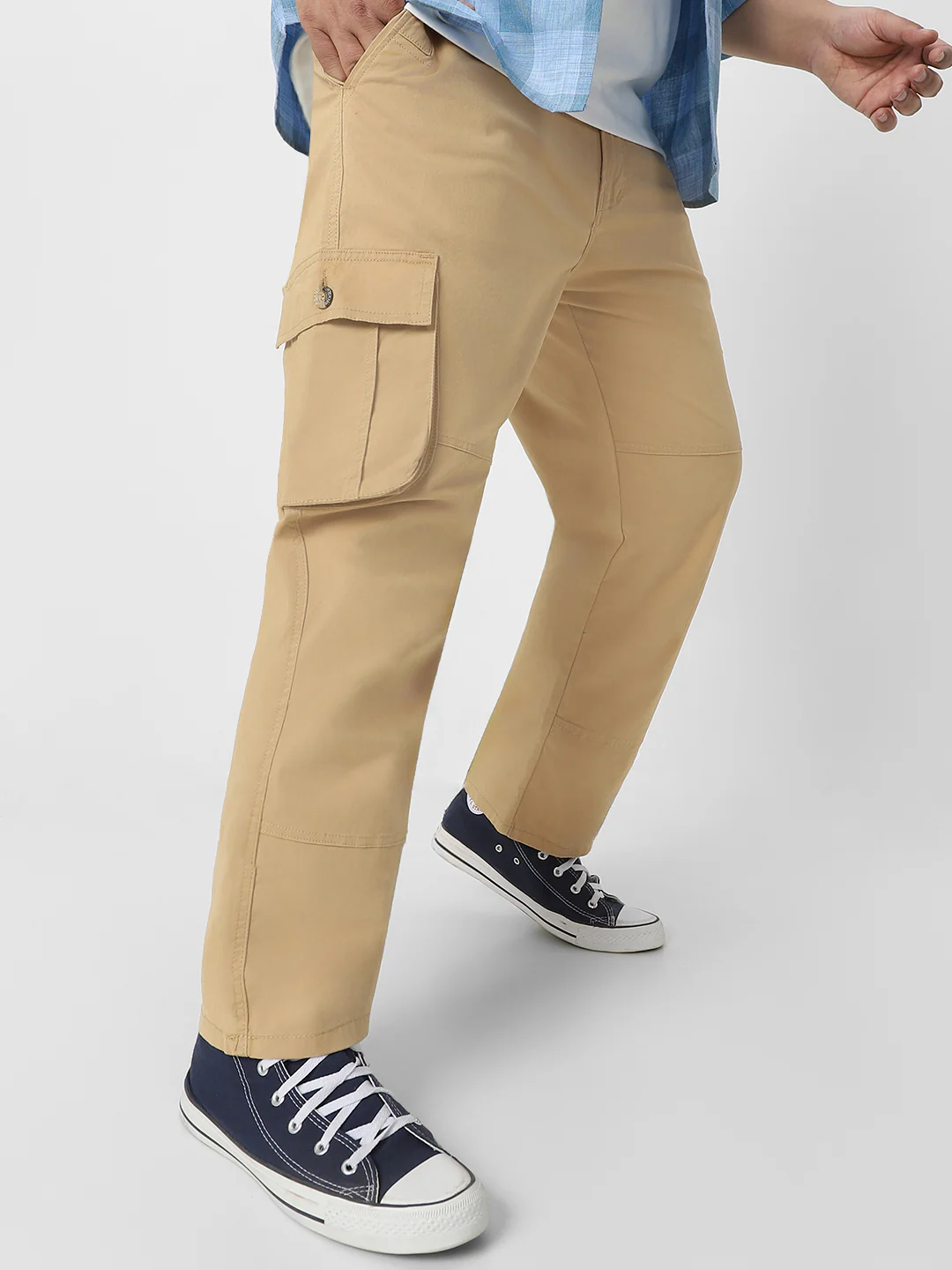 Plus Men's Beige Regular Fit Solid Cargo Chino Pant with 6 Pockets - Image 2