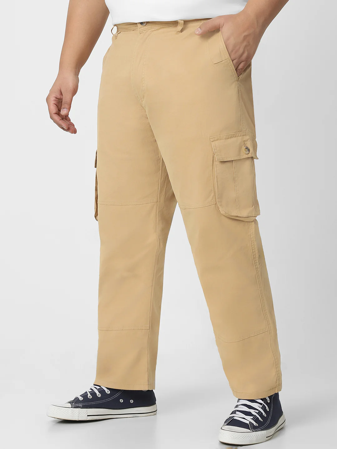Plus Men's Beige Regular Fit Solid Cargo Chino Pant with 6 Pockets - Image 3