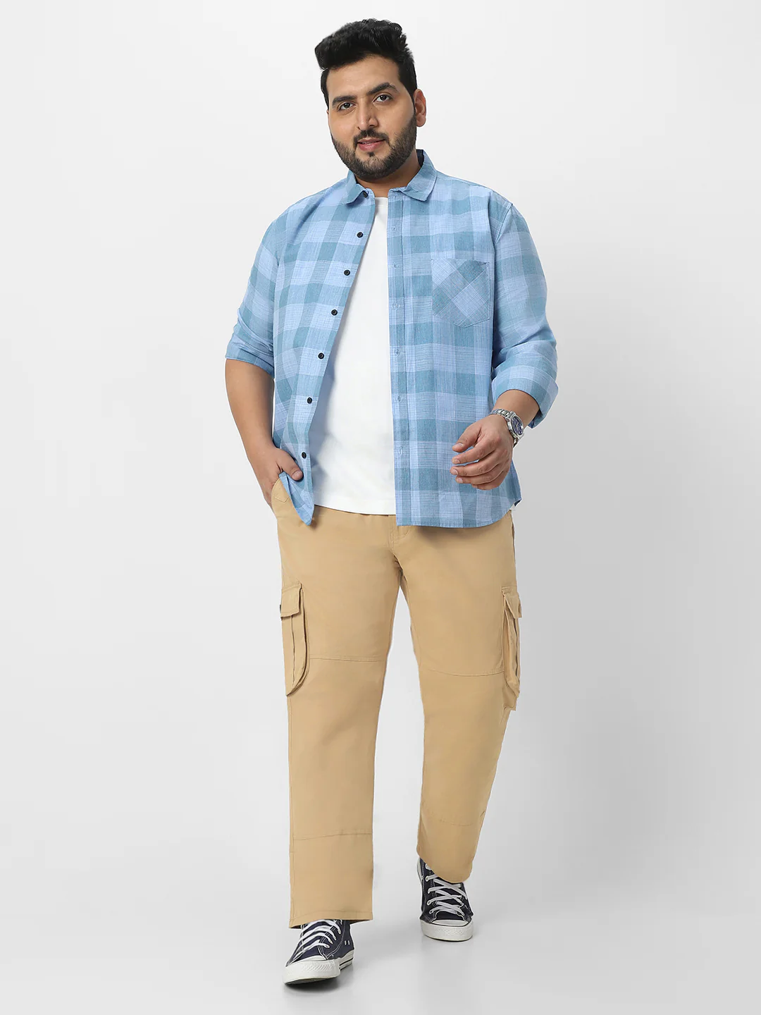 Plus Men's Beige Regular Fit Solid Cargo Chino Pant with 6 Pockets - Image 5