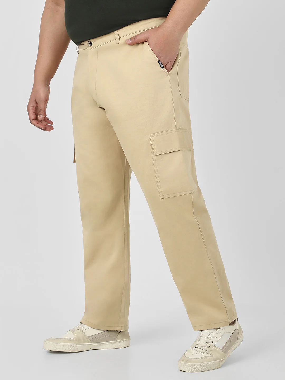 Plus Men's Beige Regular Fit Solid Cargo Chino Pant with 6 Pockets Stretchable - Image 2