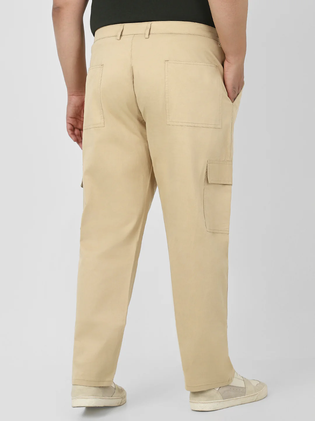Plus Men's Beige Regular Fit Solid Cargo Chino Pant with 6 Pockets Stretchable - Image 3