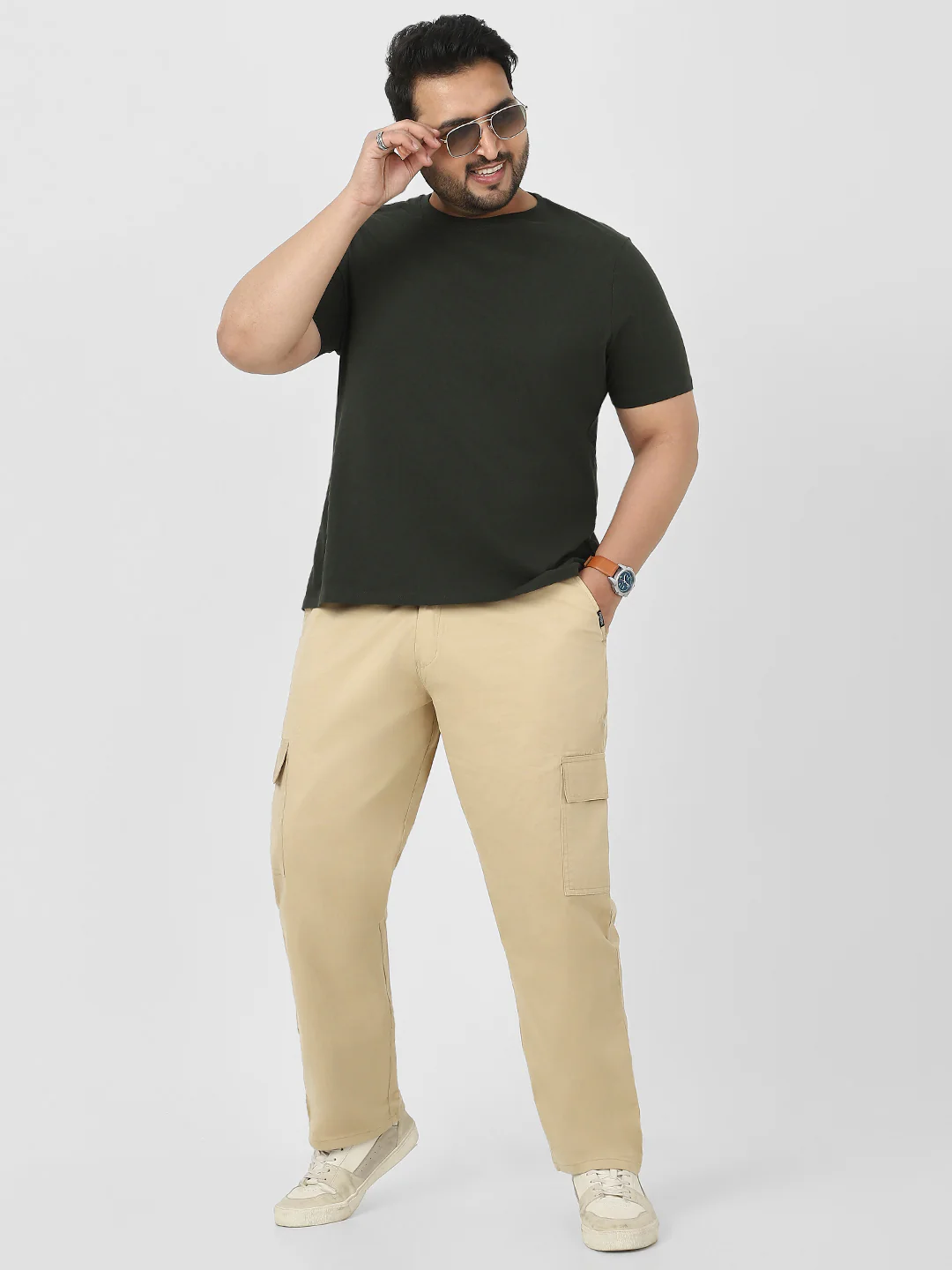 Plus Men's Beige Regular Fit Solid Cargo Chino Pant with 6 Pockets Stretchable - Image 4