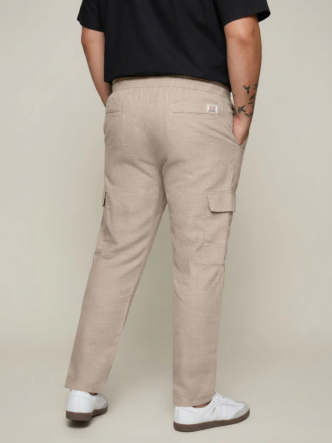 Plus Men's Beige Straight Fit Linen Cargo Pants with 6 Pockets - Image 3