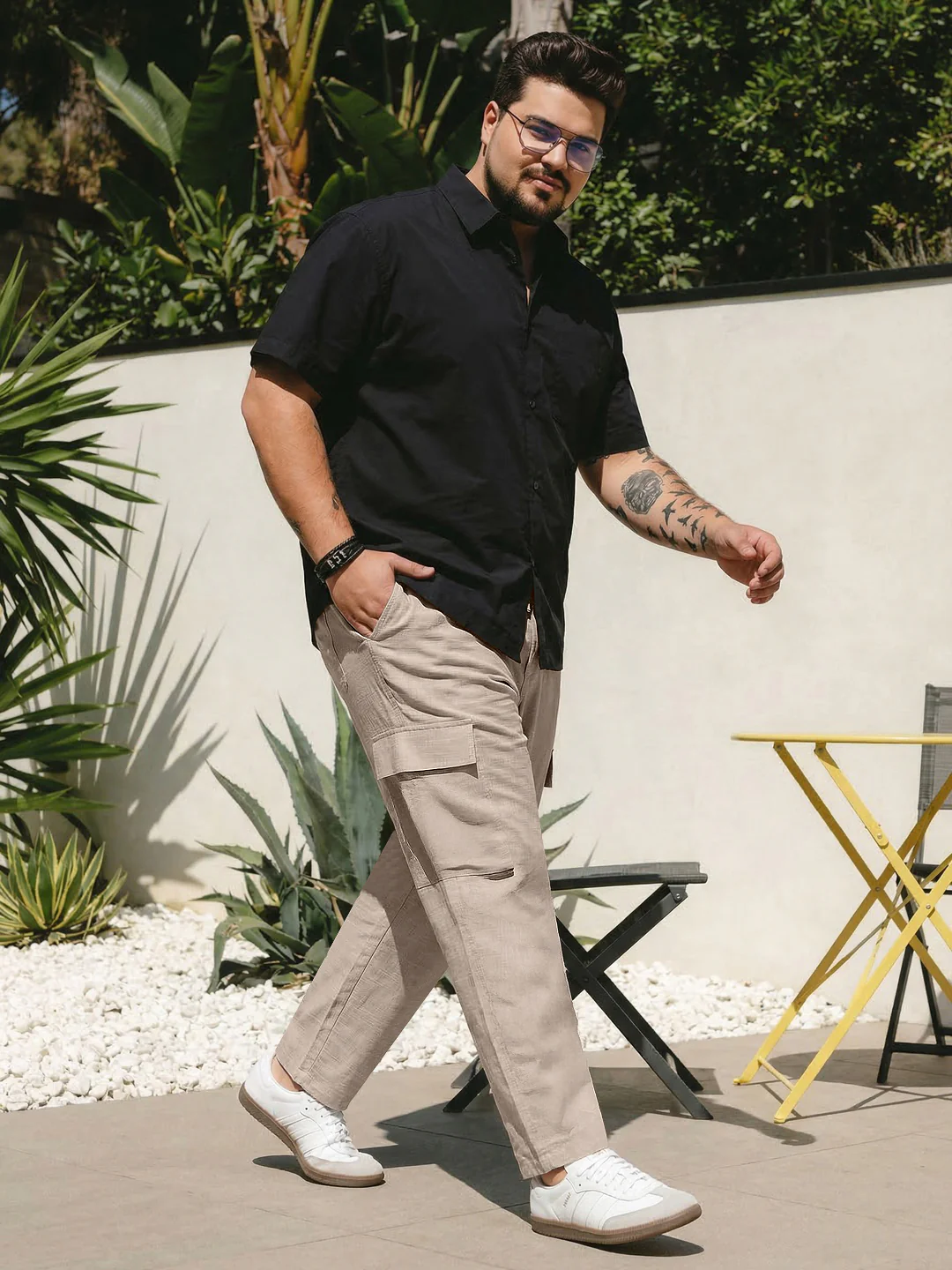 Plus Men's Beige Straight Fit Linen Cargo Pants with 6 Pockets - Image 4