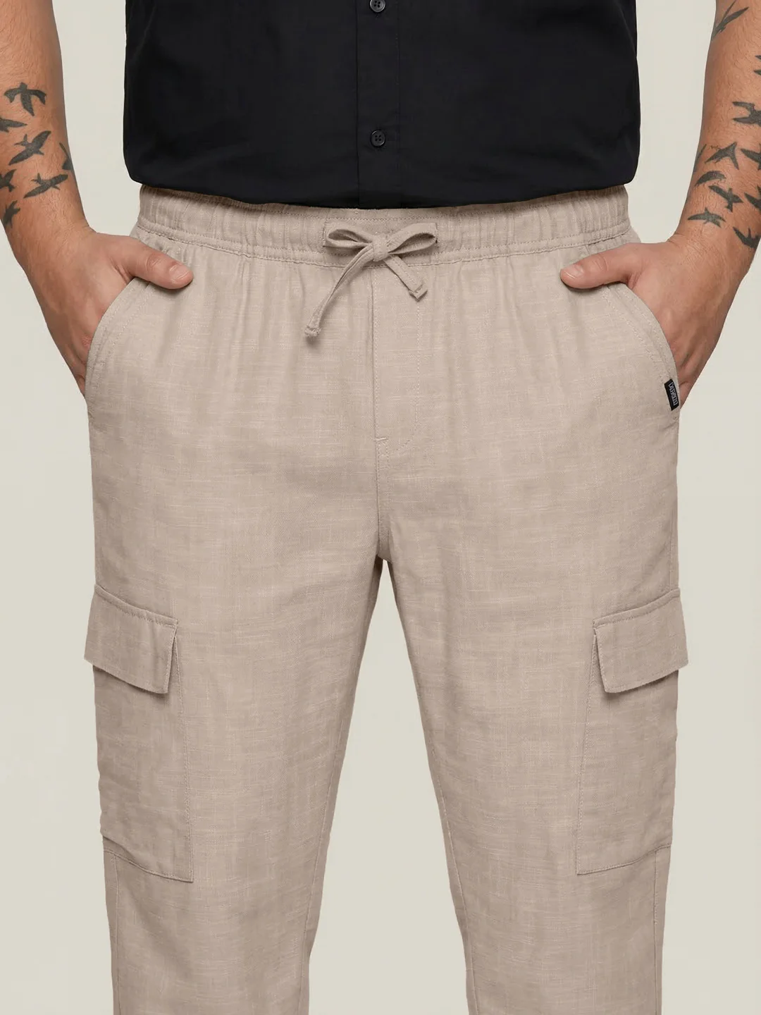 Plus Men's Beige Straight Fit Linen Cargo Pants with 6 Pockets - Image 5