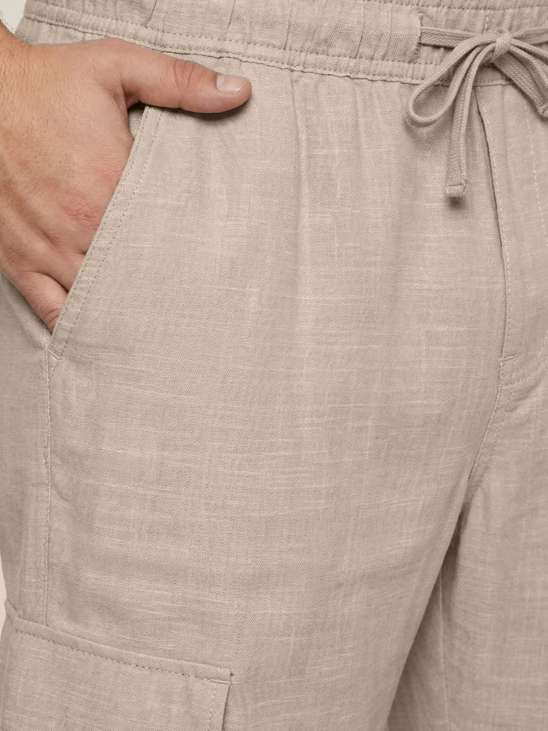 Plus Men's Beige Straight Fit Linen Cargo Pants with 6 Pockets - Image 6