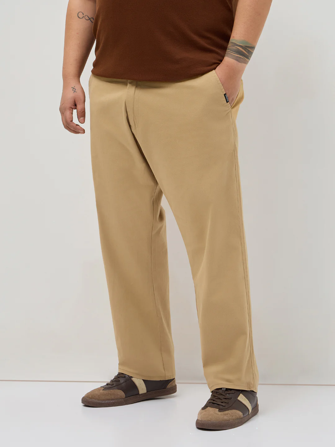 Plus Men's Beige Straight Fit Mid Rise Cotton Casual Chinos Trousers Stretch - Image 2