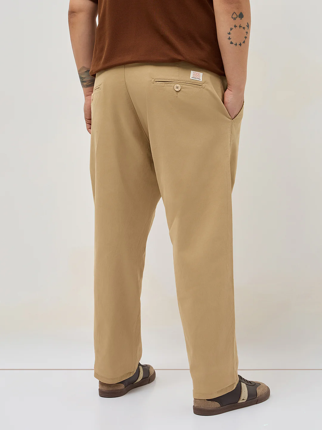 Plus Men's Beige Straight Fit Mid Rise Cotton Casual Chinos Trousers Stretch - Image 3