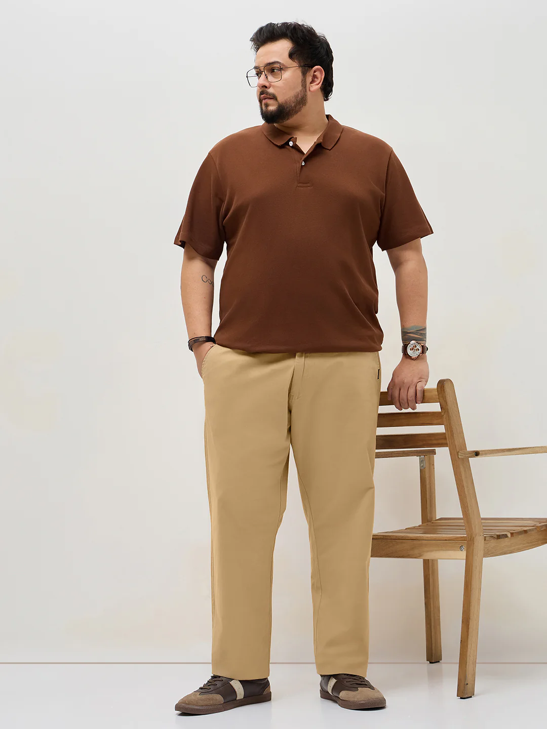 Plus Men's Beige Straight Fit Mid Rise Cotton Casual Chinos Trousers Stretch - Image 4