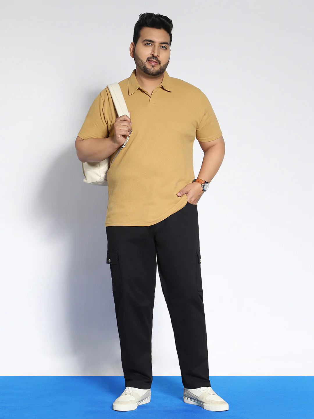 Plus Men's Beige Textured Regular Fit Half Sleeve Cotton Polo T-Shirt - Image 4