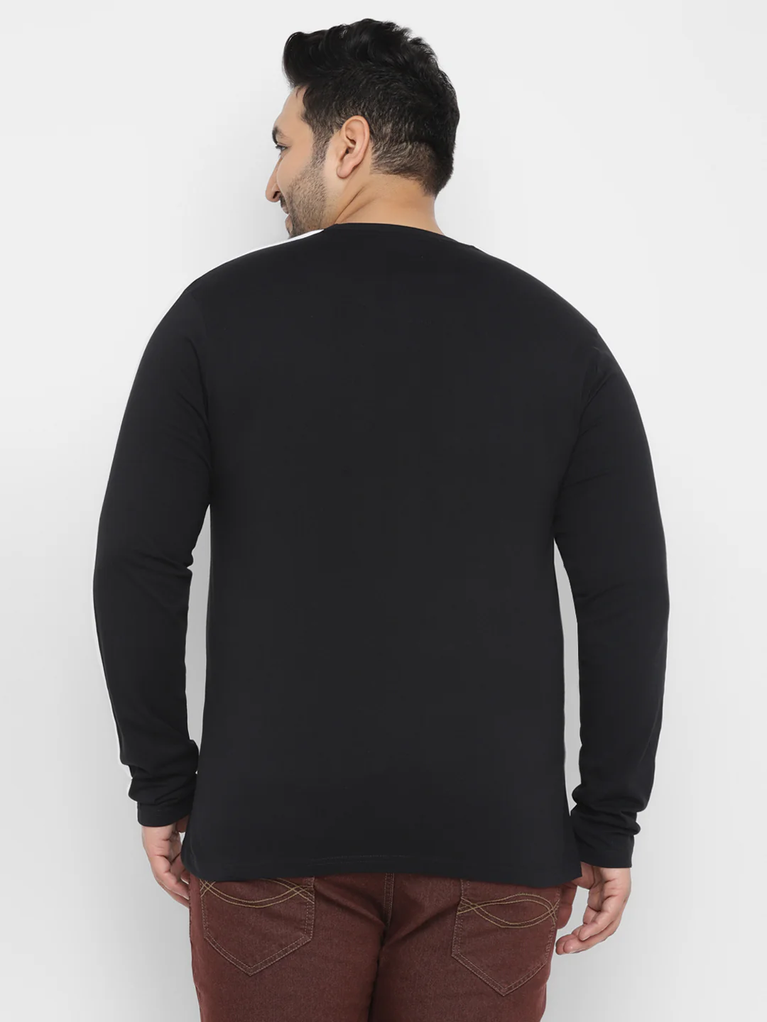 Plus Men's Black Color-Block Regular Fit Full Sleeve Cotton T-Shirt - Image 3