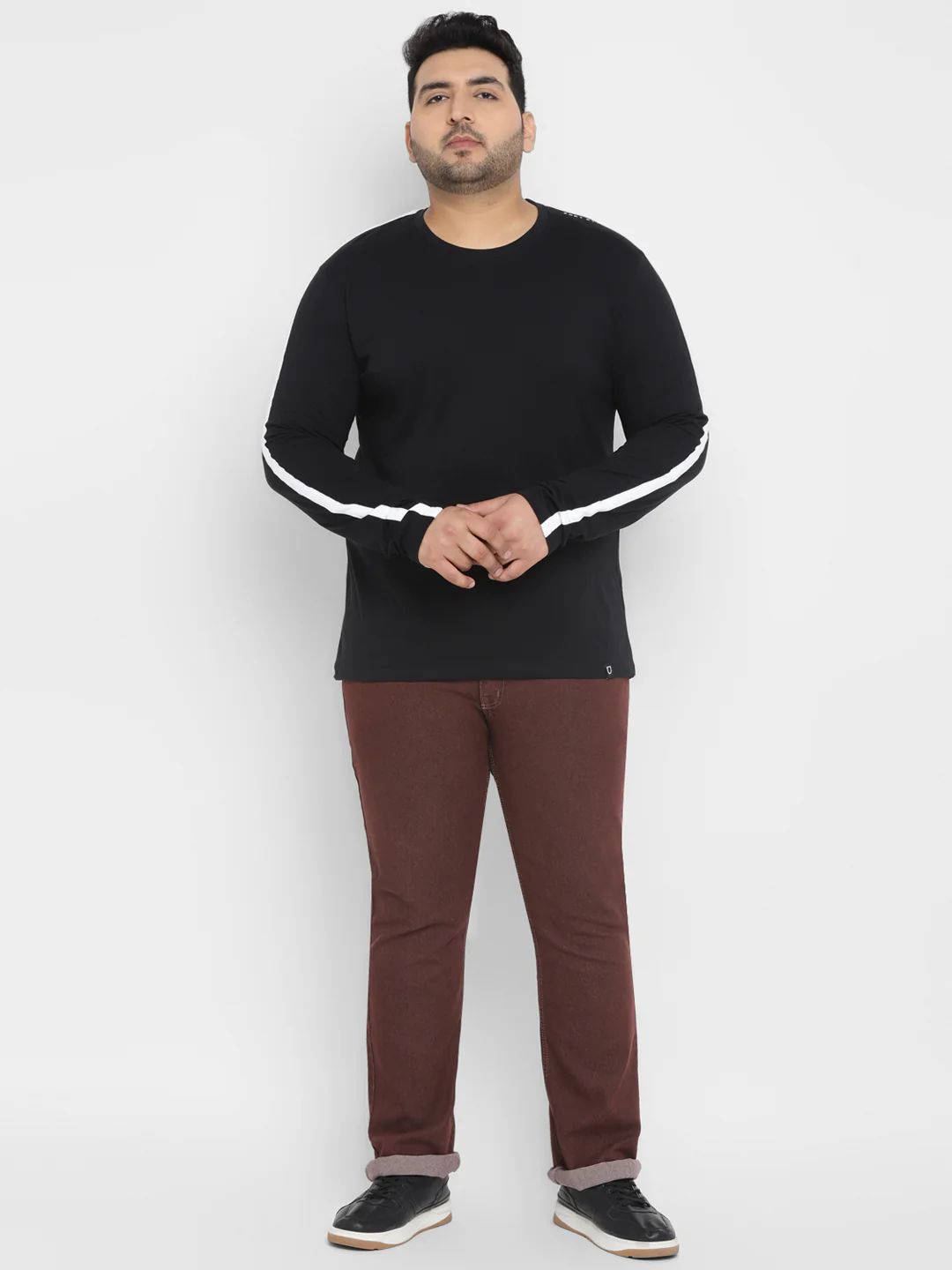 Plus Men's Black Color-Block Regular Fit Full Sleeve Cotton T-Shirt - Image 4