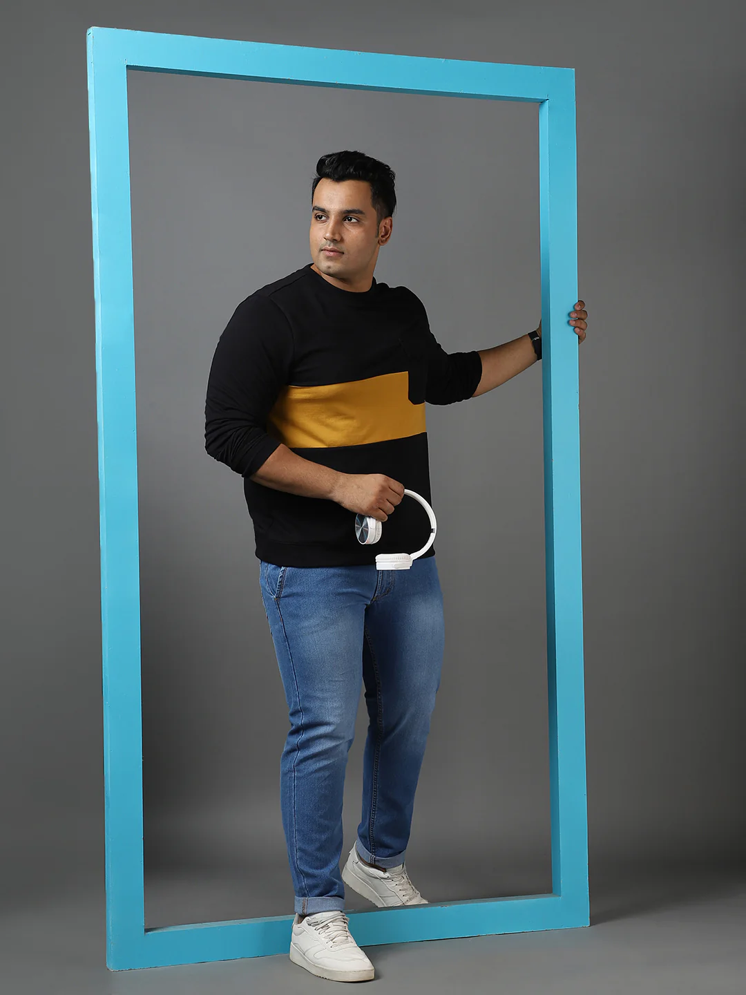 Plus Men's Black Cotton Color Block Round Neck Sweatshirt - Image 4