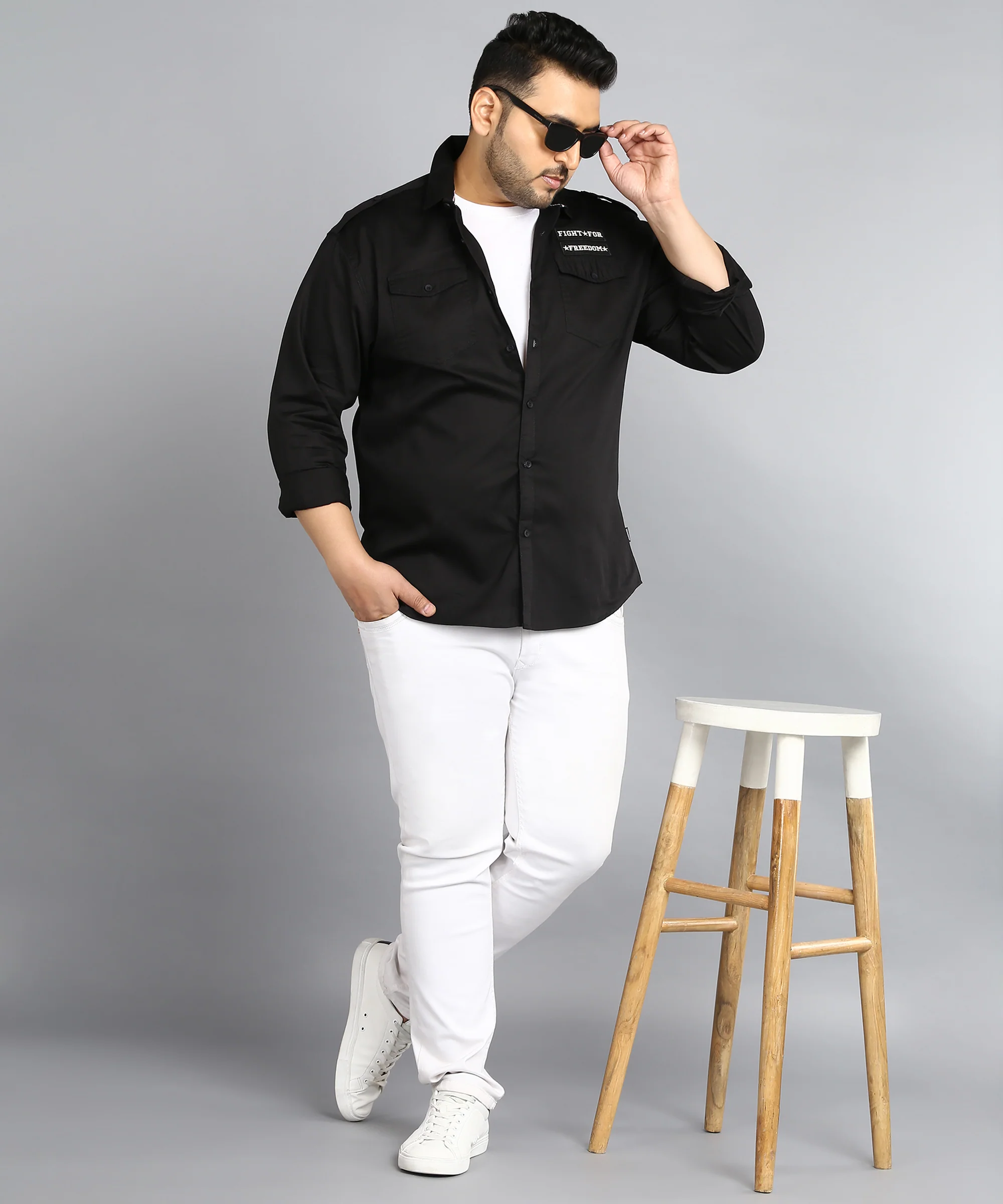 Plus Men's Black Cotton Full Sleeve Regular Fit Casual Solid Shirt - Image 4