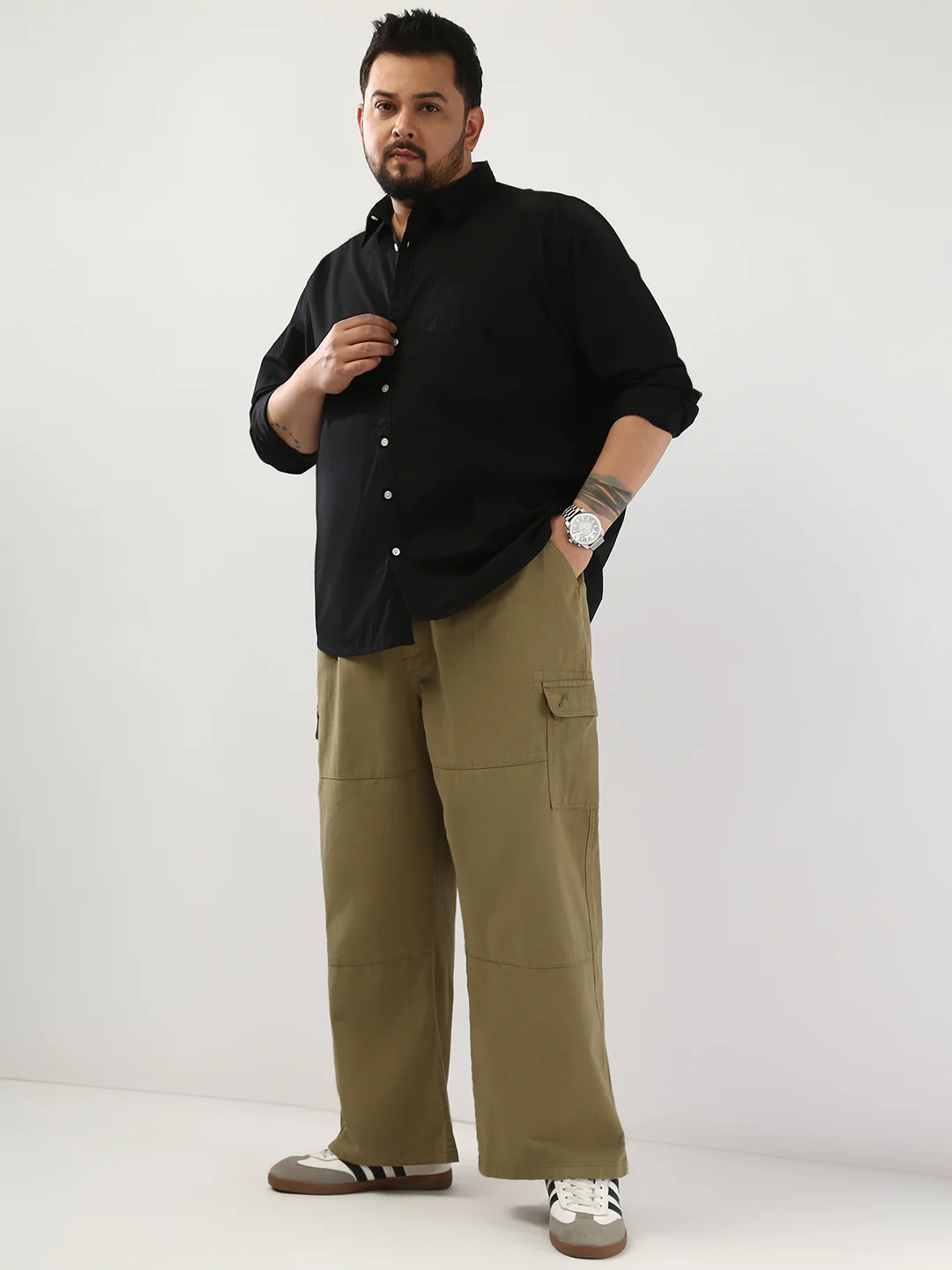 Plus Men's Black Cotton Full Sleeve Regular Fit Casual Solid Shirt - Image 4