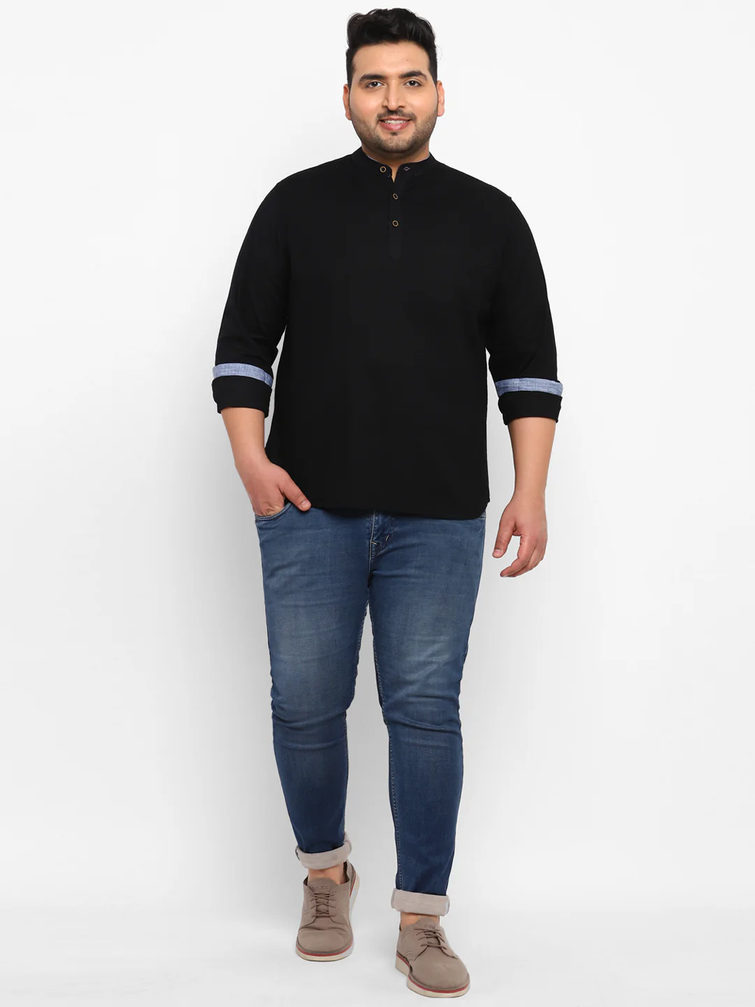 Plus Men's Black Cotton Full Sleeve Regular Fit Casual Solid Shirt - Image 4