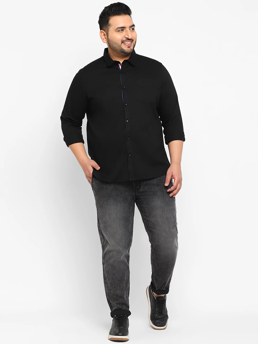 Plus Men's Black Cotton Full Sleeve Regular Fit Casual Solid Shirt - Image 4