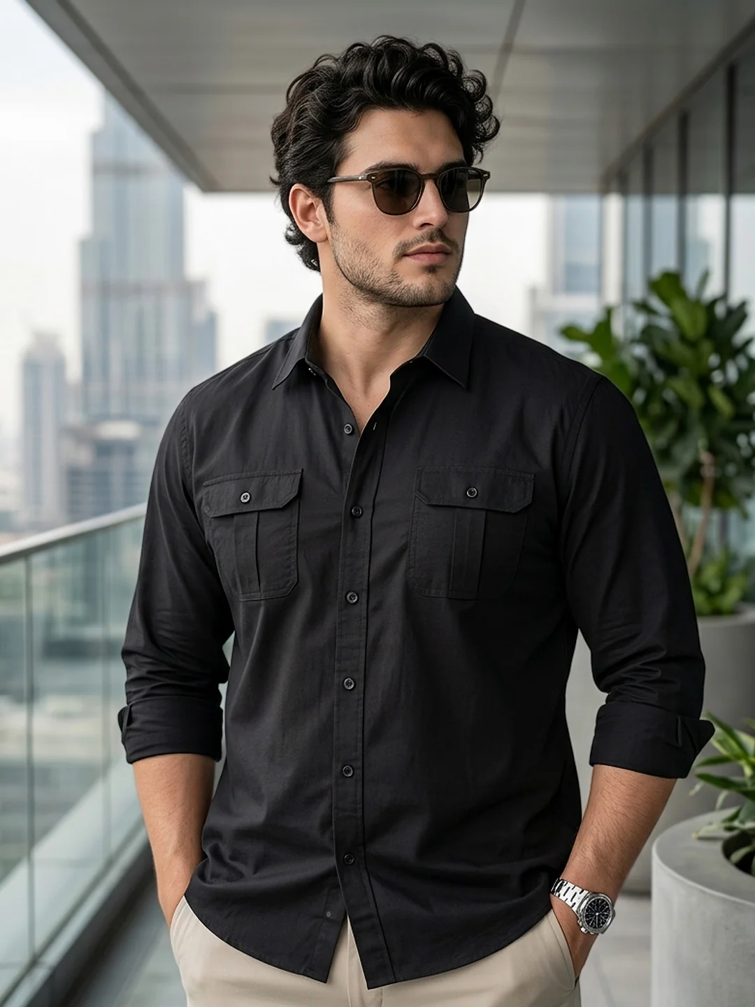 Men's Black Cotton Full Sleeve Regular Fit Casual Solid Shirt