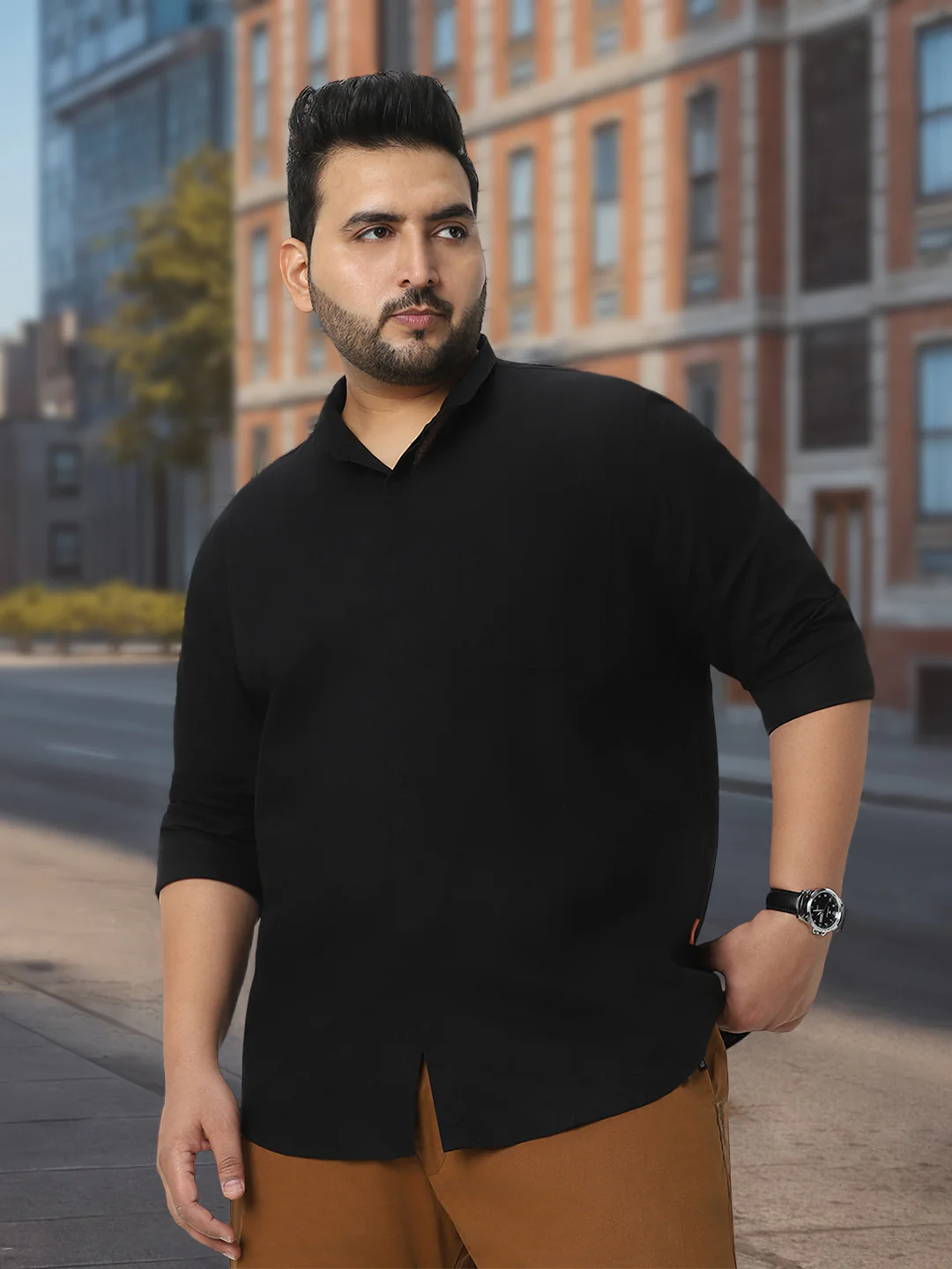 Men's Black Cotton Full Sleeve Regular Fit Casual Solid Shirt with Band Collar