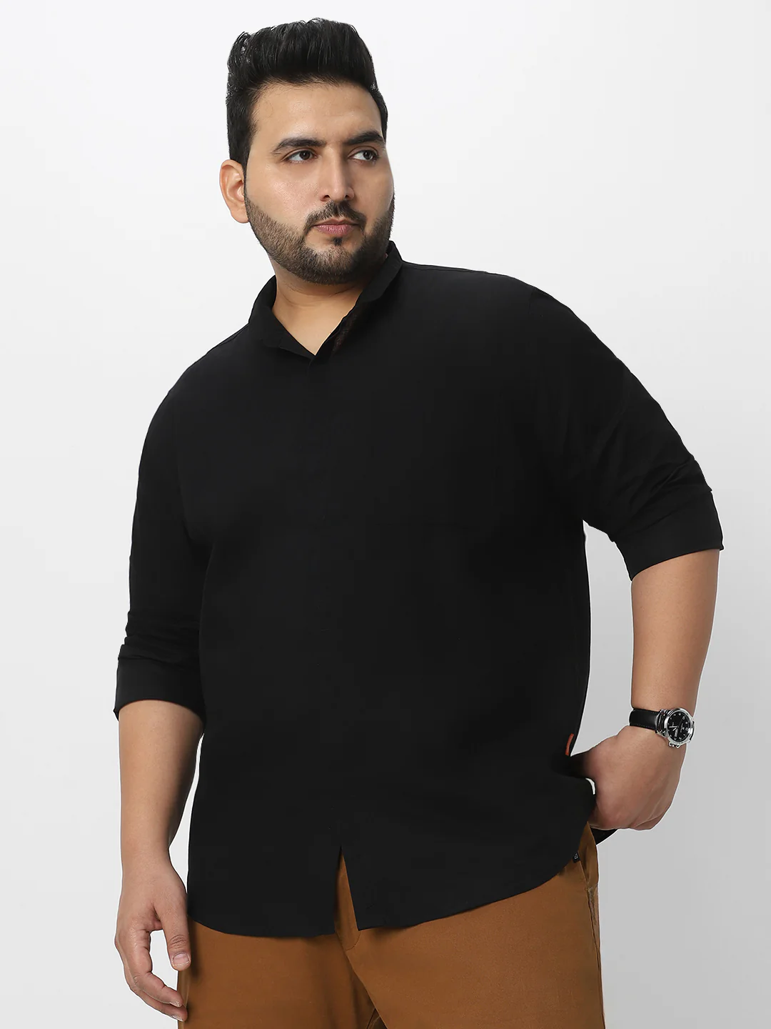 Men's Black Cotton Full Sleeve Regular Fit Casual Solid Shirt with Band Collar - Image 2