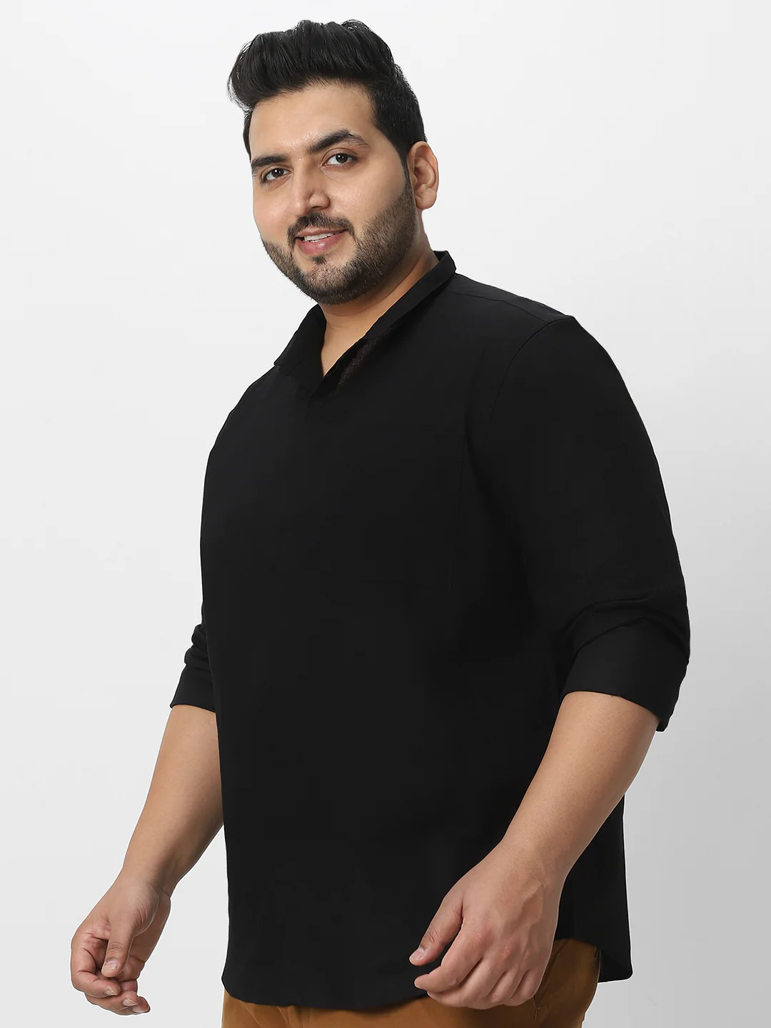 Men's Black Cotton Full Sleeve Regular Fit Casual Solid Shirt with Band Collar - Image 3
