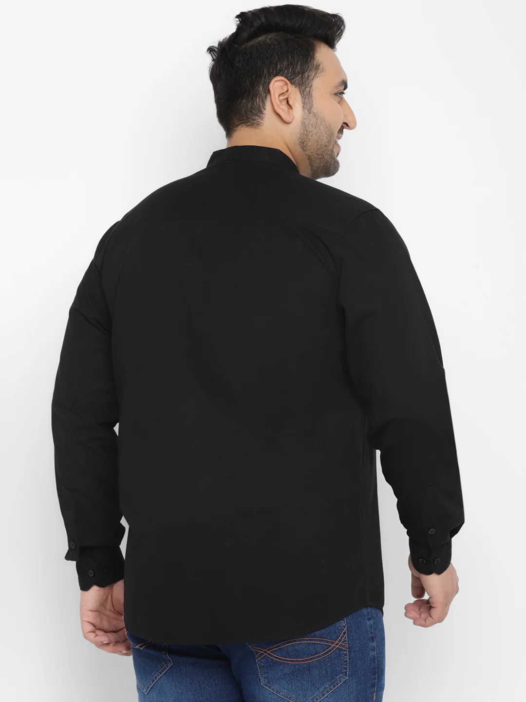 Plus Men's Black Cotton Full Sleeve Regular Fit Casual Solid Shirt with Mandarin Collar - Image 3