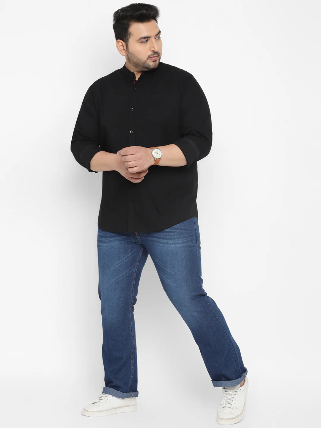 Plus Men's Black Cotton Full Sleeve Regular Fit Casual Solid Shirt with Mandarin Collar - Image 4