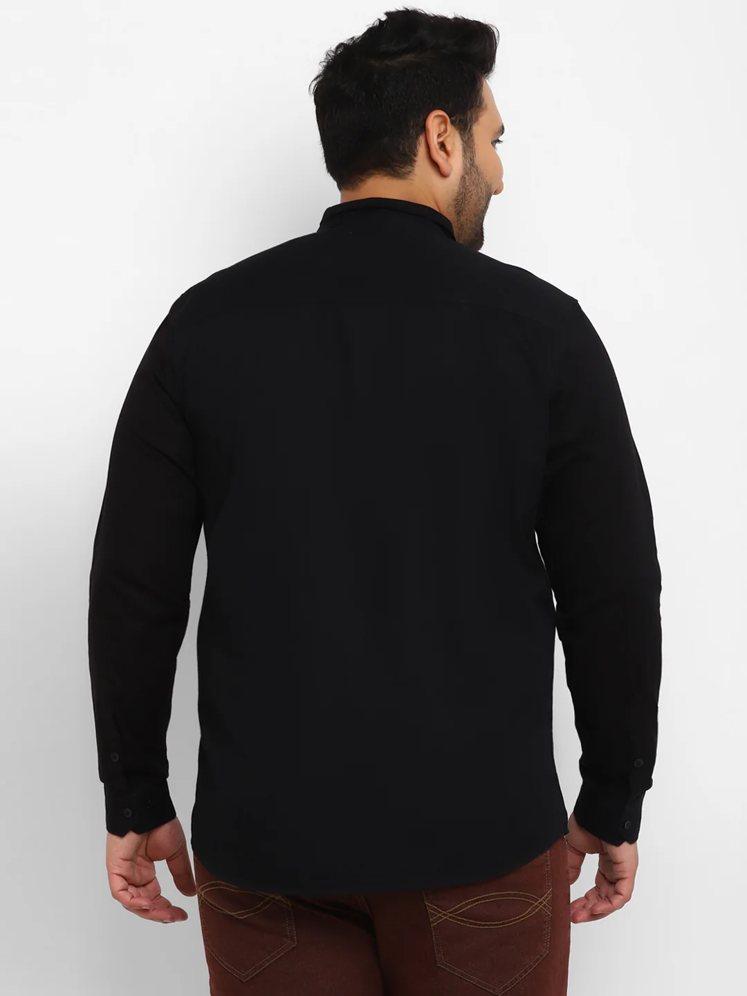 Plus Men's Black Cotton Full Sleeve Regular Fit Casual Solid Shirt with Mandarin Collar - Image 3