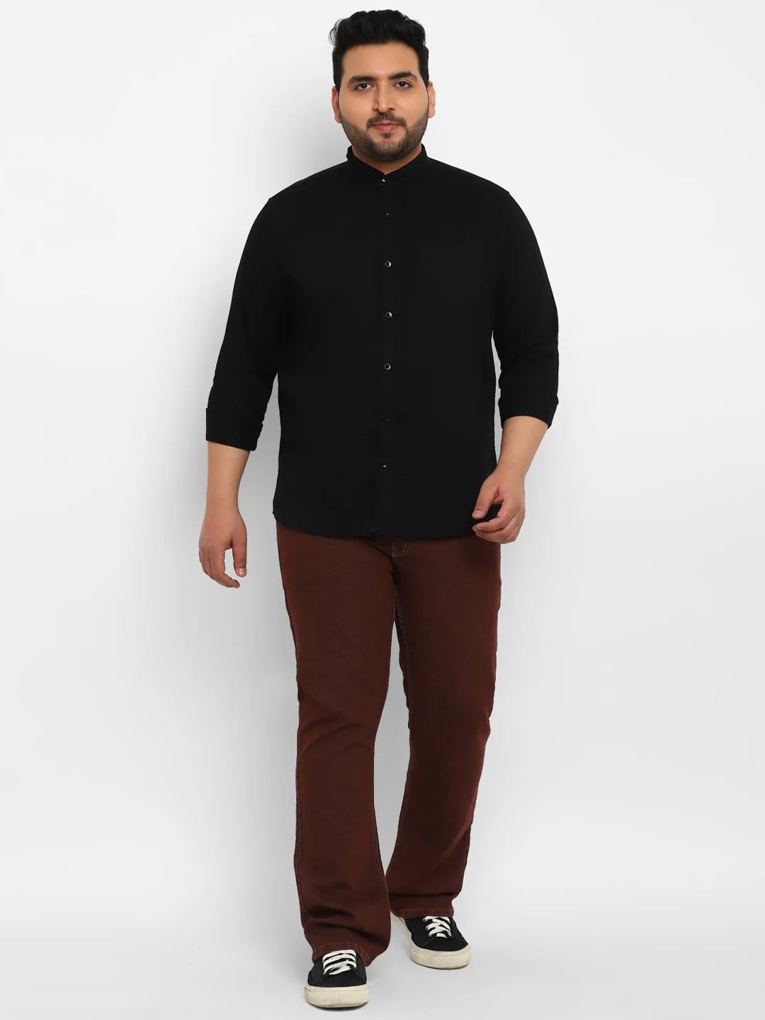 Plus Men's Black Cotton Full Sleeve Regular Fit Casual Solid Shirt with Mandarin Collar - Image 4