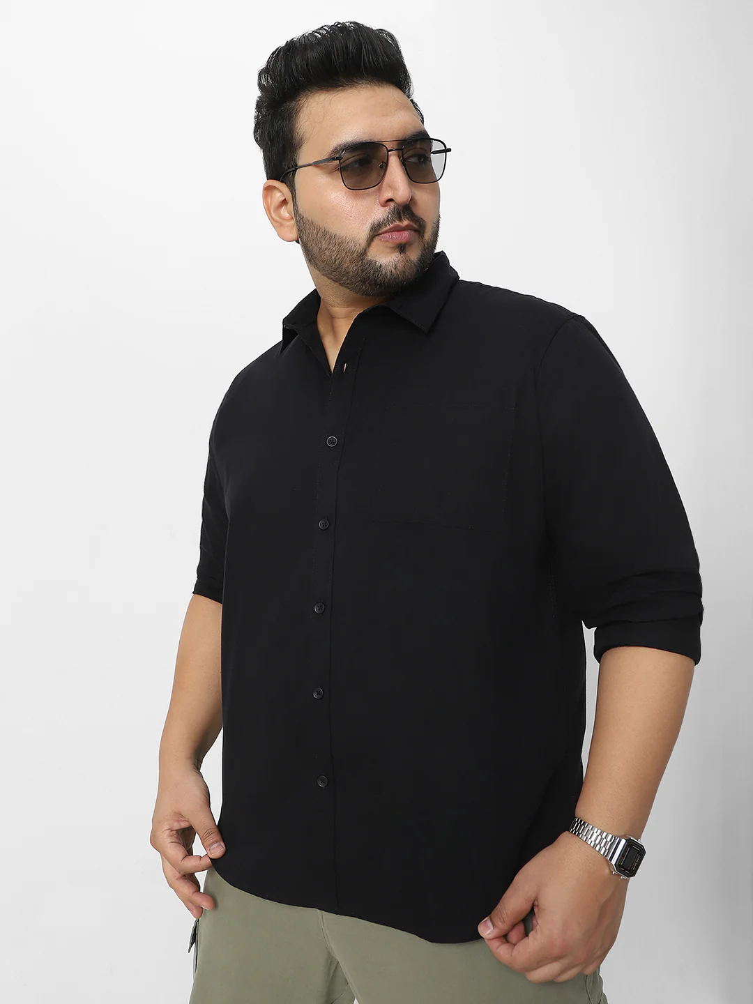 Plus Men's Black Cotton Full Sleeve Regular Fit Casual Solid Shirt - Image 2