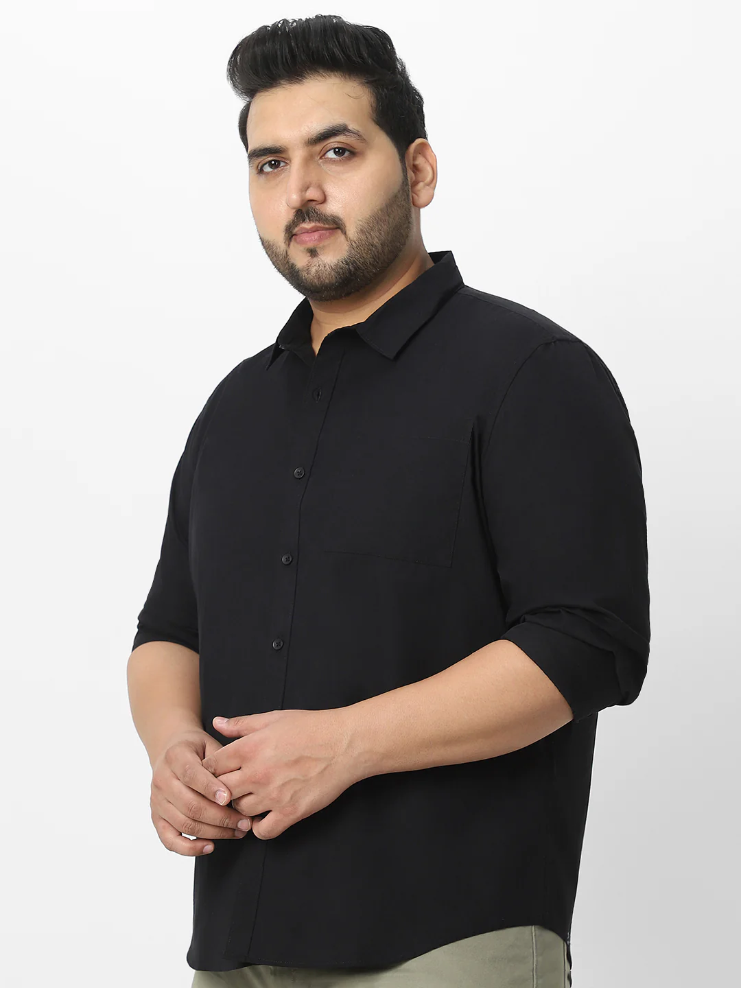 Plus Men's Black Cotton Full Sleeve Regular Fit Casual Solid Shirt - Image 3