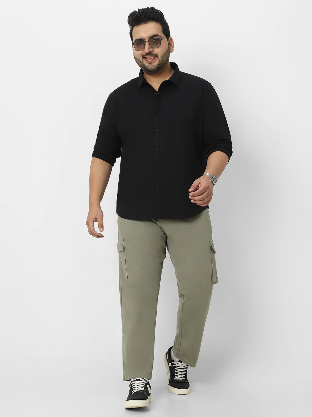 Plus Men's Black Cotton Full Sleeve Regular Fit Casual Solid Shirt - Image 5