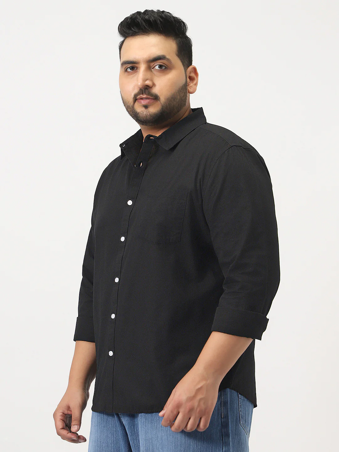 Plus Men's Black Cotton Full Sleeve Regular Fit Casual Solid Slub Shirt with Spread Collar - Image 2