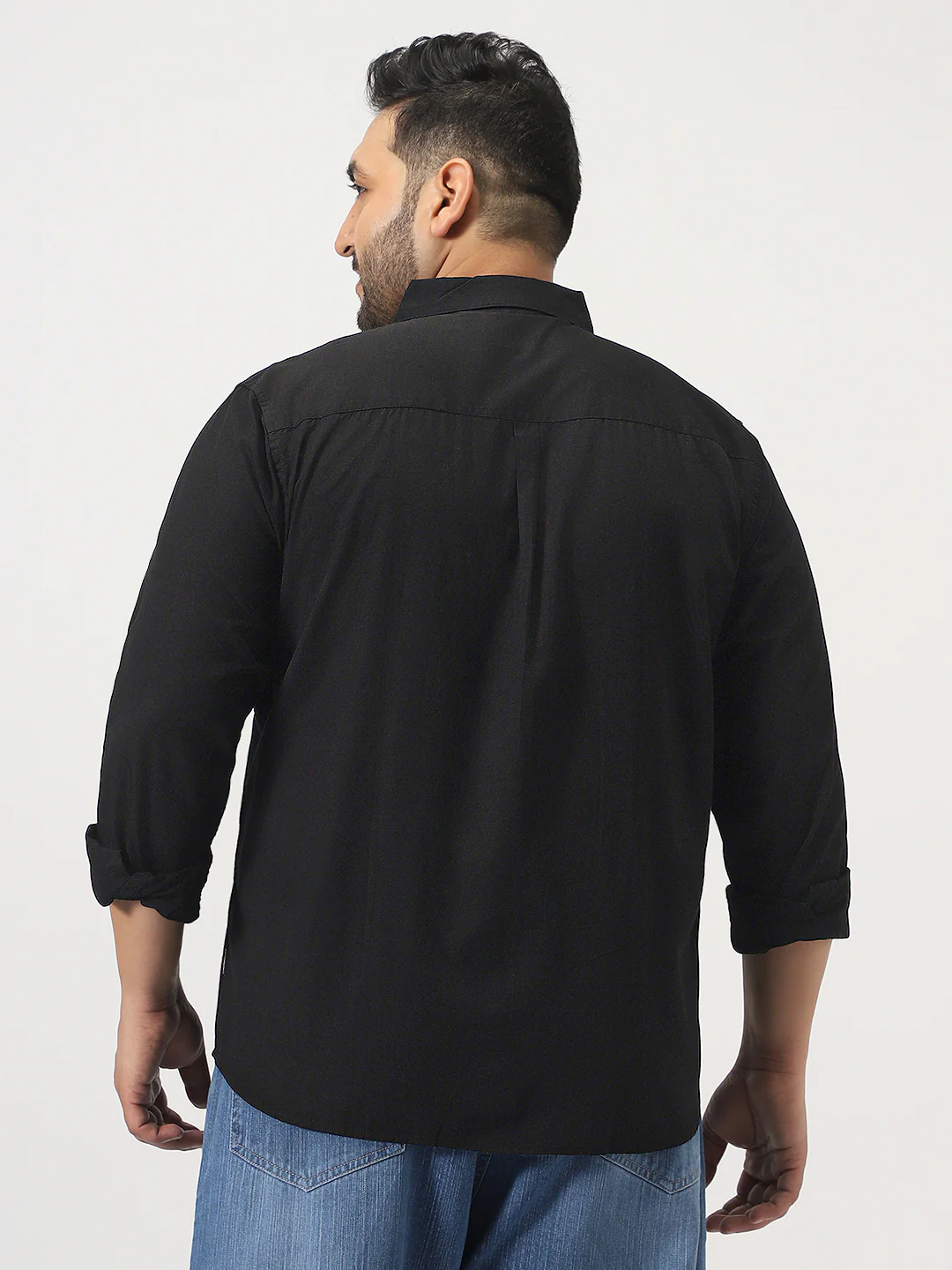Plus Men's Black Cotton Full Sleeve Regular Fit Casual Solid Slub Shirt with Spread Collar - Image 3