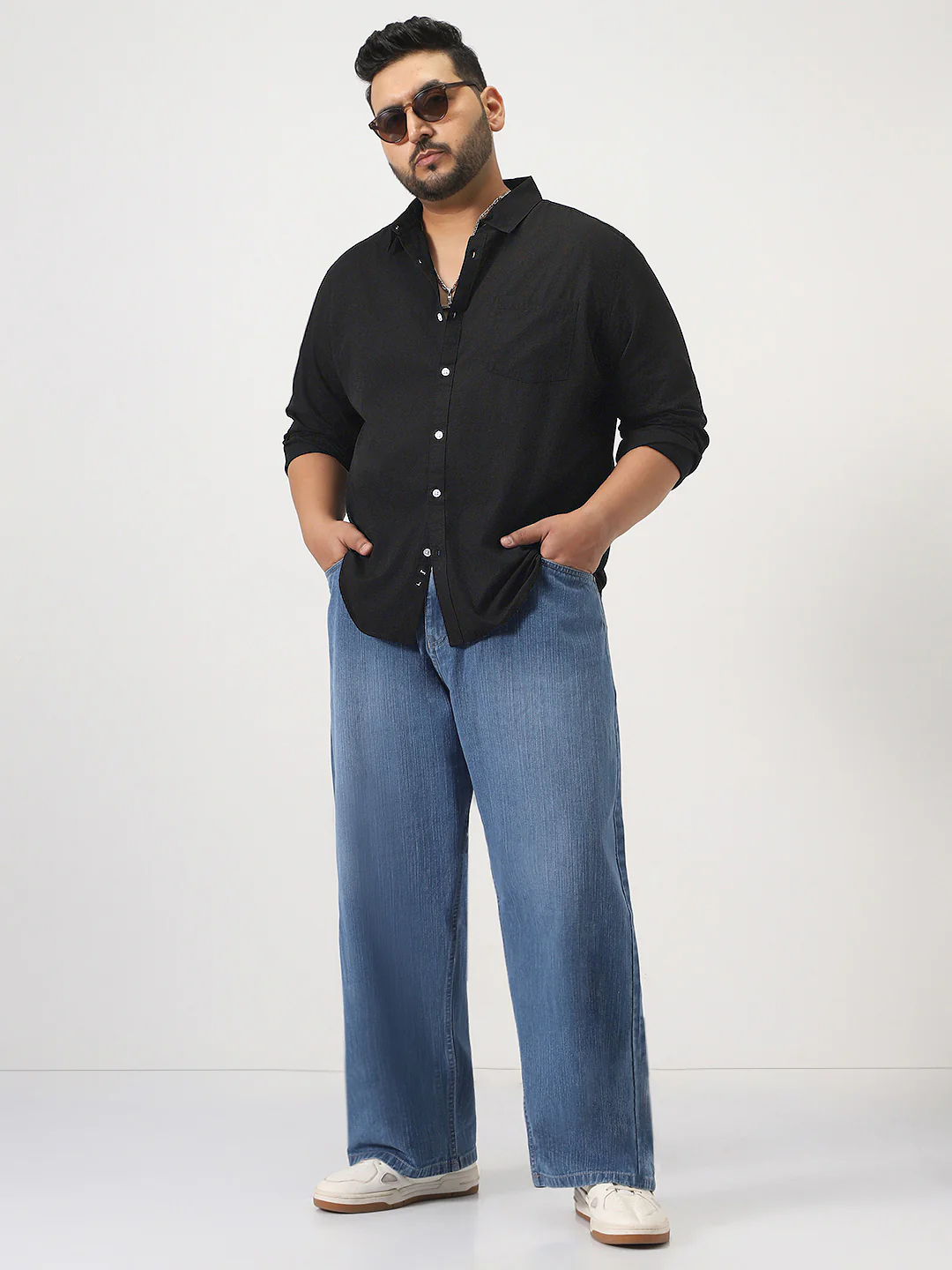 Plus Men's Black Cotton Full Sleeve Regular Fit Casual Solid Slub Shirt with Spread Collar - Image 4