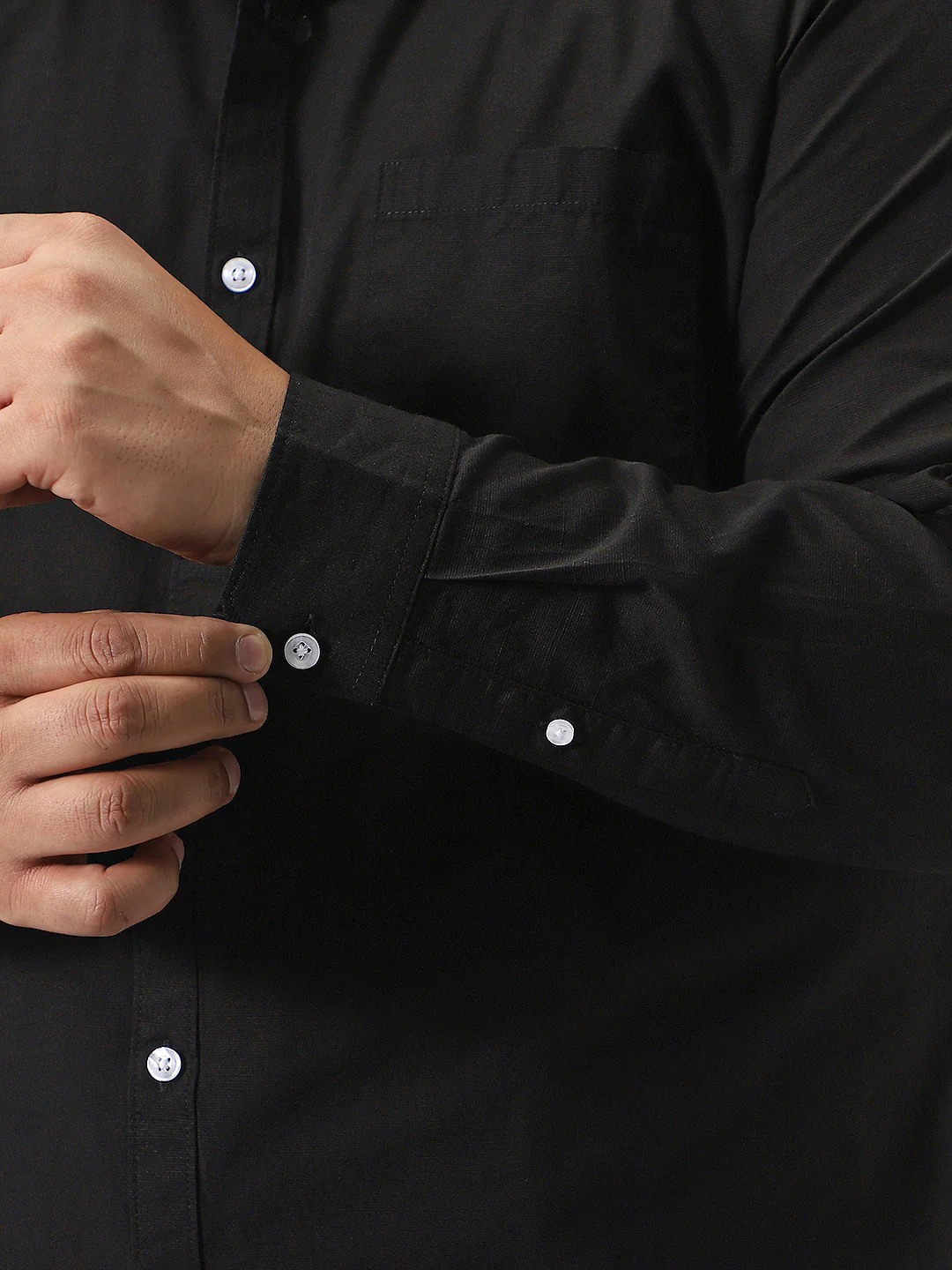 Plus Men's Black Cotton Full Sleeve Regular Fit Casual Solid Slub Shirt with Spread Collar - Image 6
