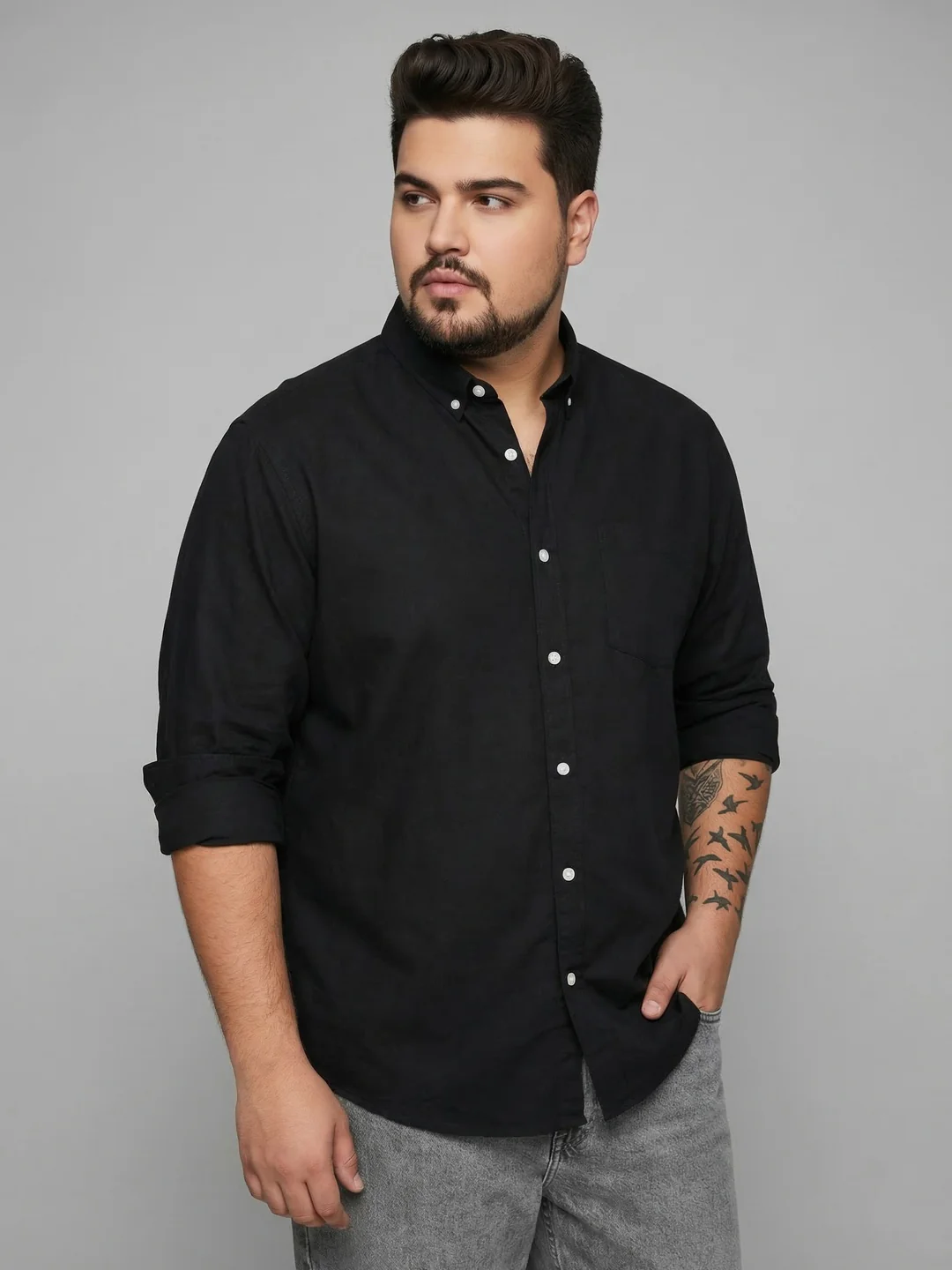 Plus Men's Black Cotton Full Sleeve Regular Fit Solid Oxford Shirt With Button-Down Collar - Image 2