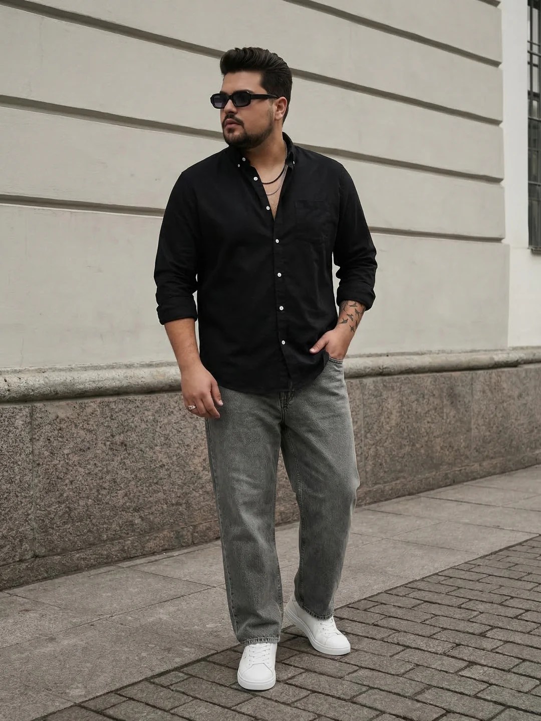 Plus Men's Black Cotton Full Sleeve Regular Fit Solid Oxford Shirt With Button-Down Collar - Image 4