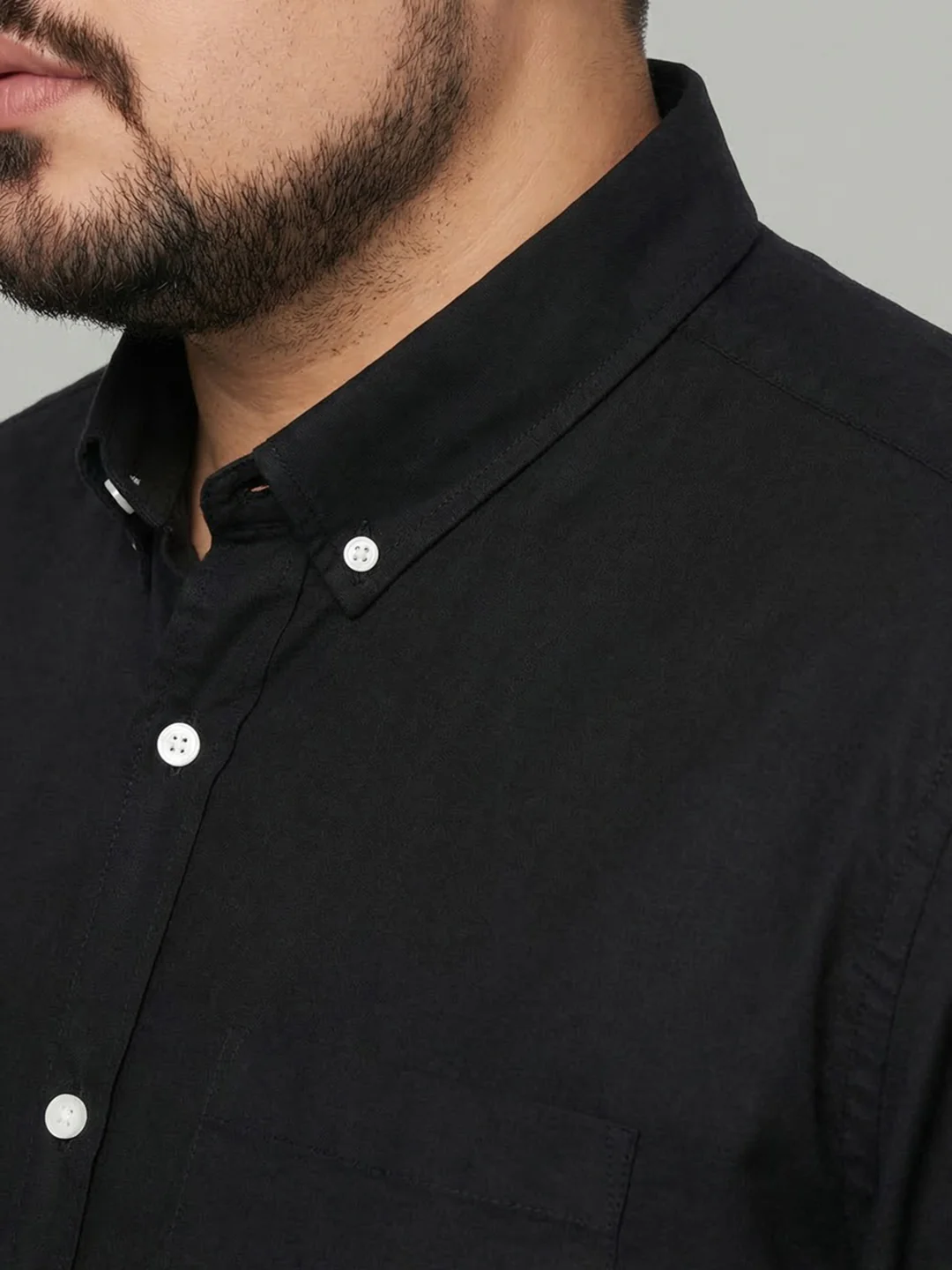 Plus Men's Black Cotton Full Sleeve Regular Fit Solid Oxford Shirt With Button-Down Collar - Image 5