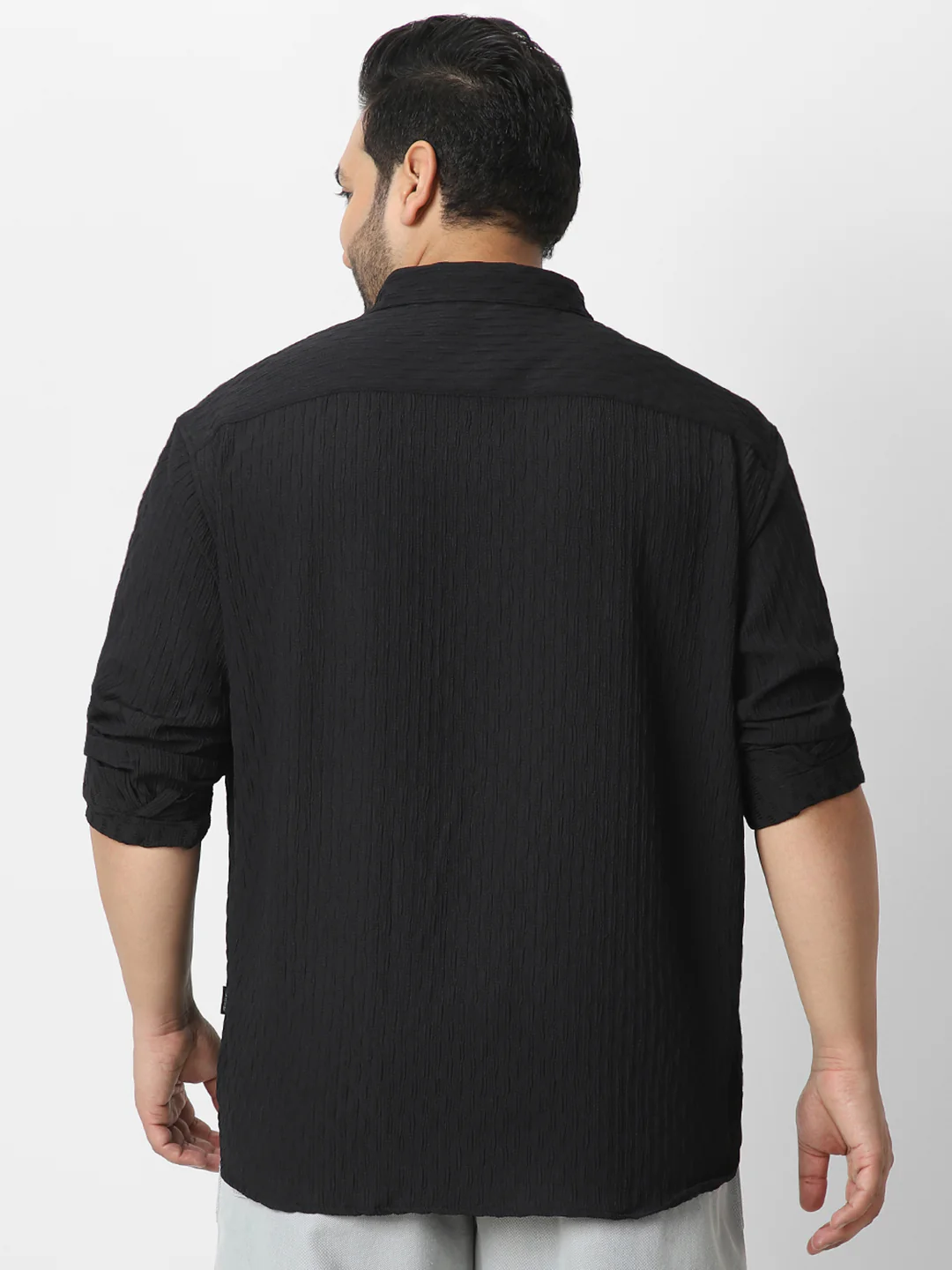 Plus Men's Black Cotton Full Sleeve Regular Fit Textured Shirt with Spread Collar - Image 3