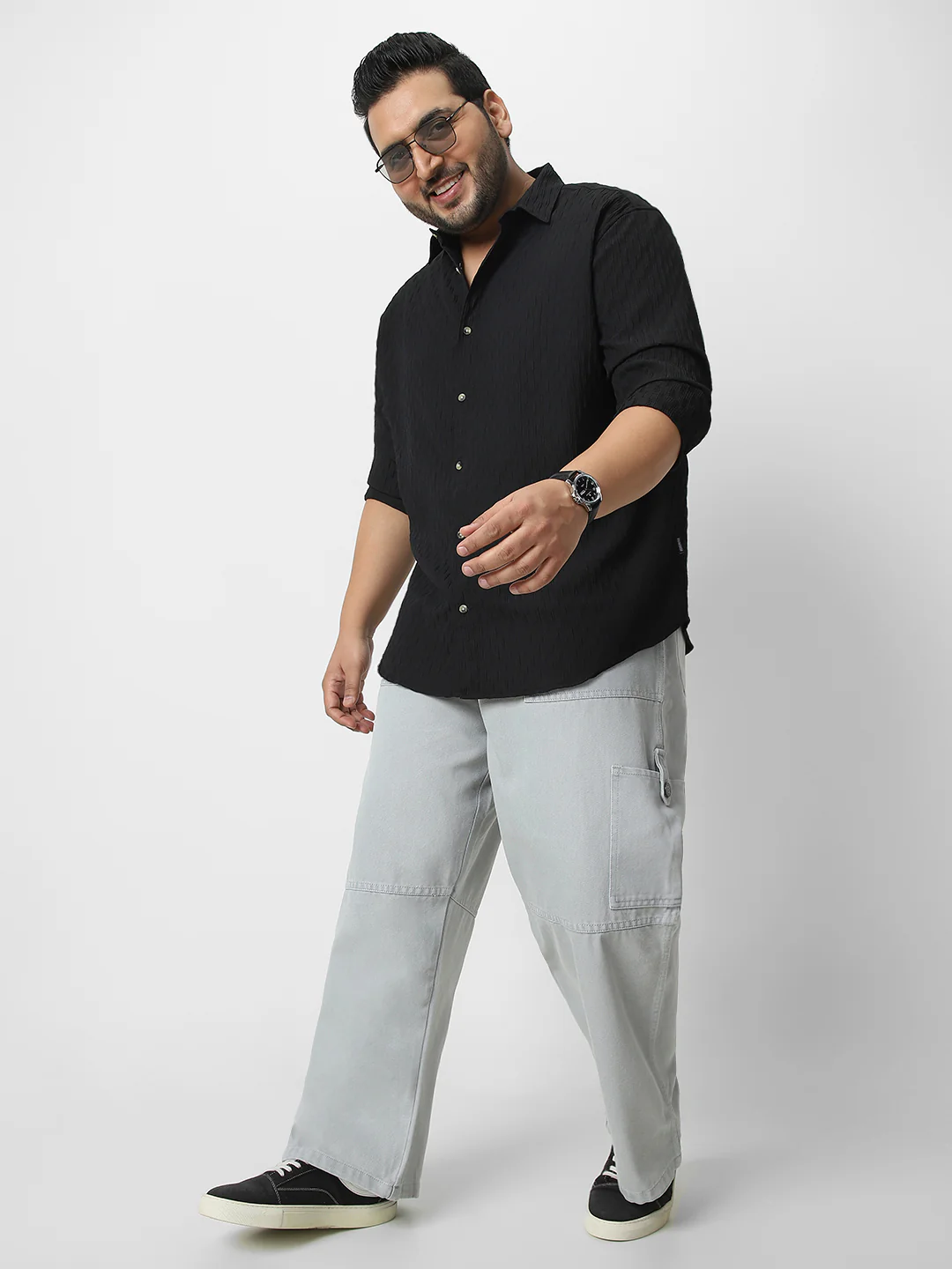Plus Men's Black Cotton Full Sleeve Regular Fit Textured Shirt with Spread Collar - Image 4