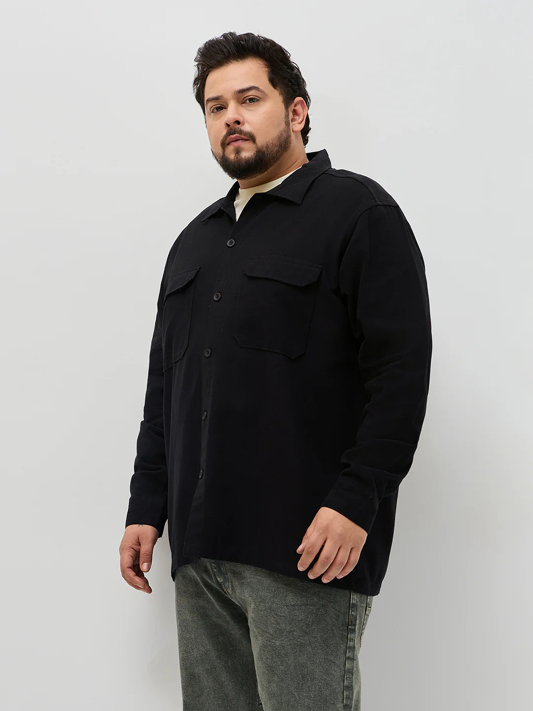 Plus Men's Black Cotton Full Sleeve Relaxed Fit Shacket with Utility Pockets - Image 2