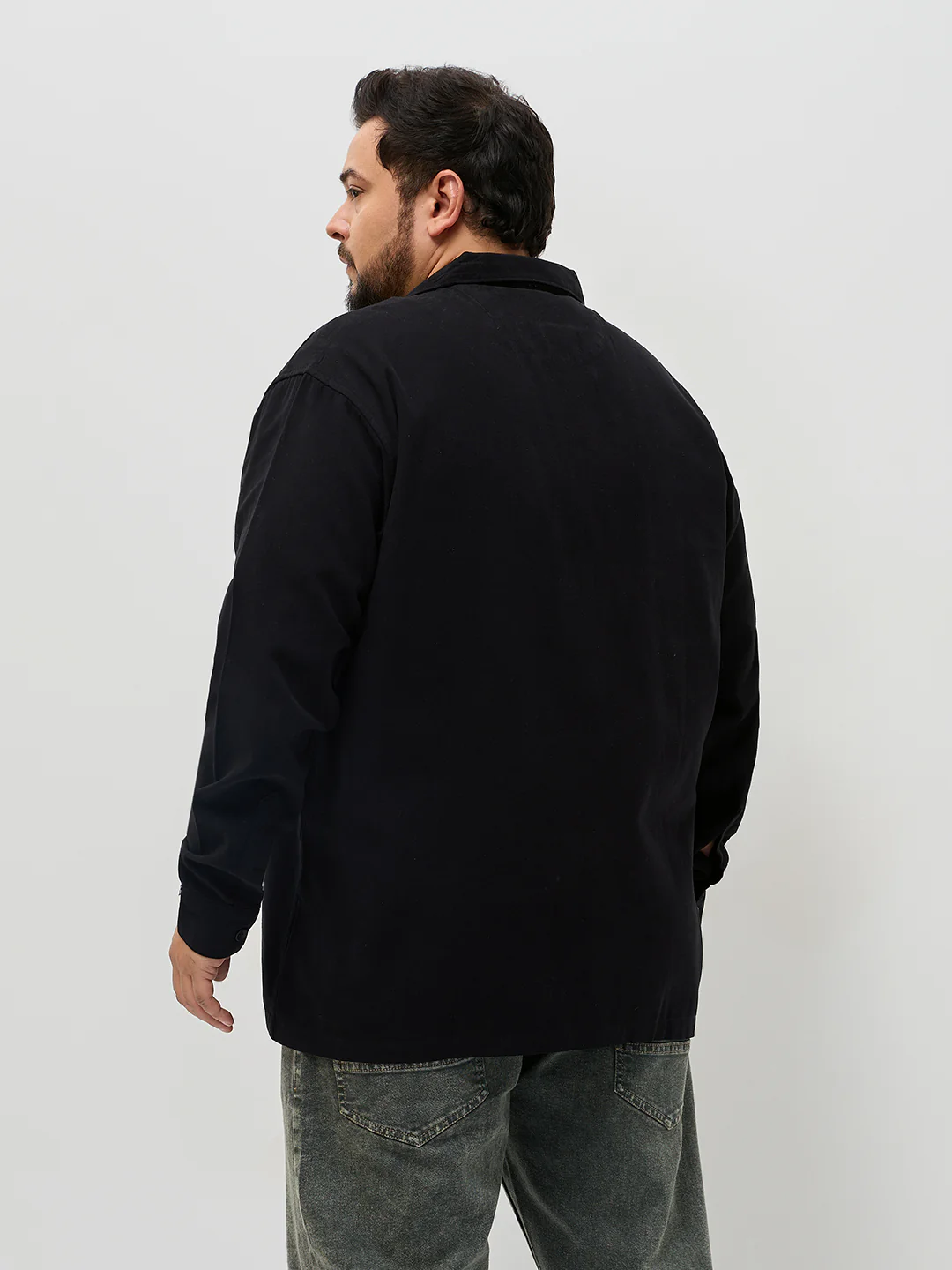 Plus Men's Black Cotton Full Sleeve Relaxed Fit Shacket with Utility Pockets - Image 3
