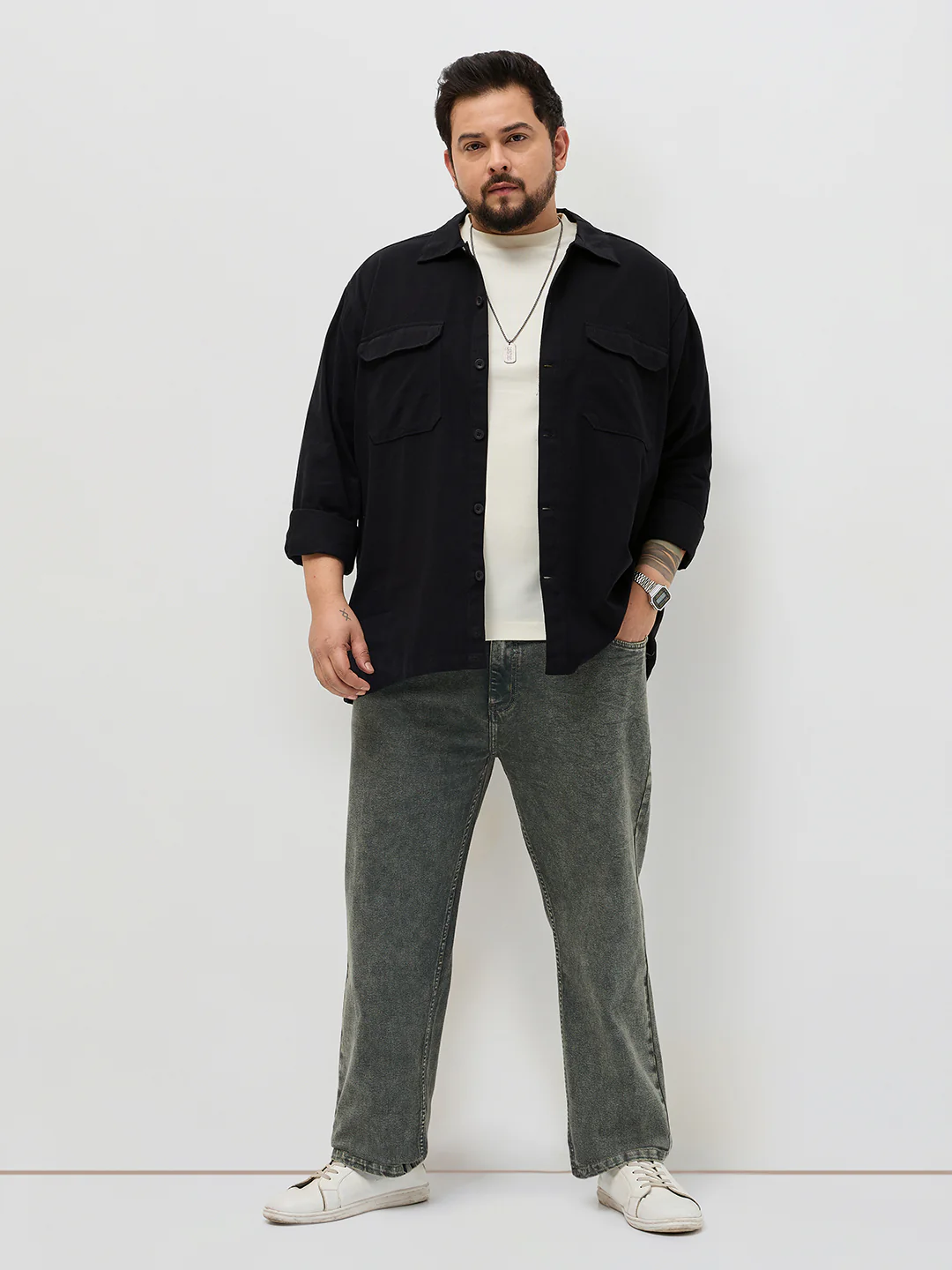 Plus Men's Black Cotton Full Sleeve Relaxed Fit Shacket with Utility Pockets - Image 4